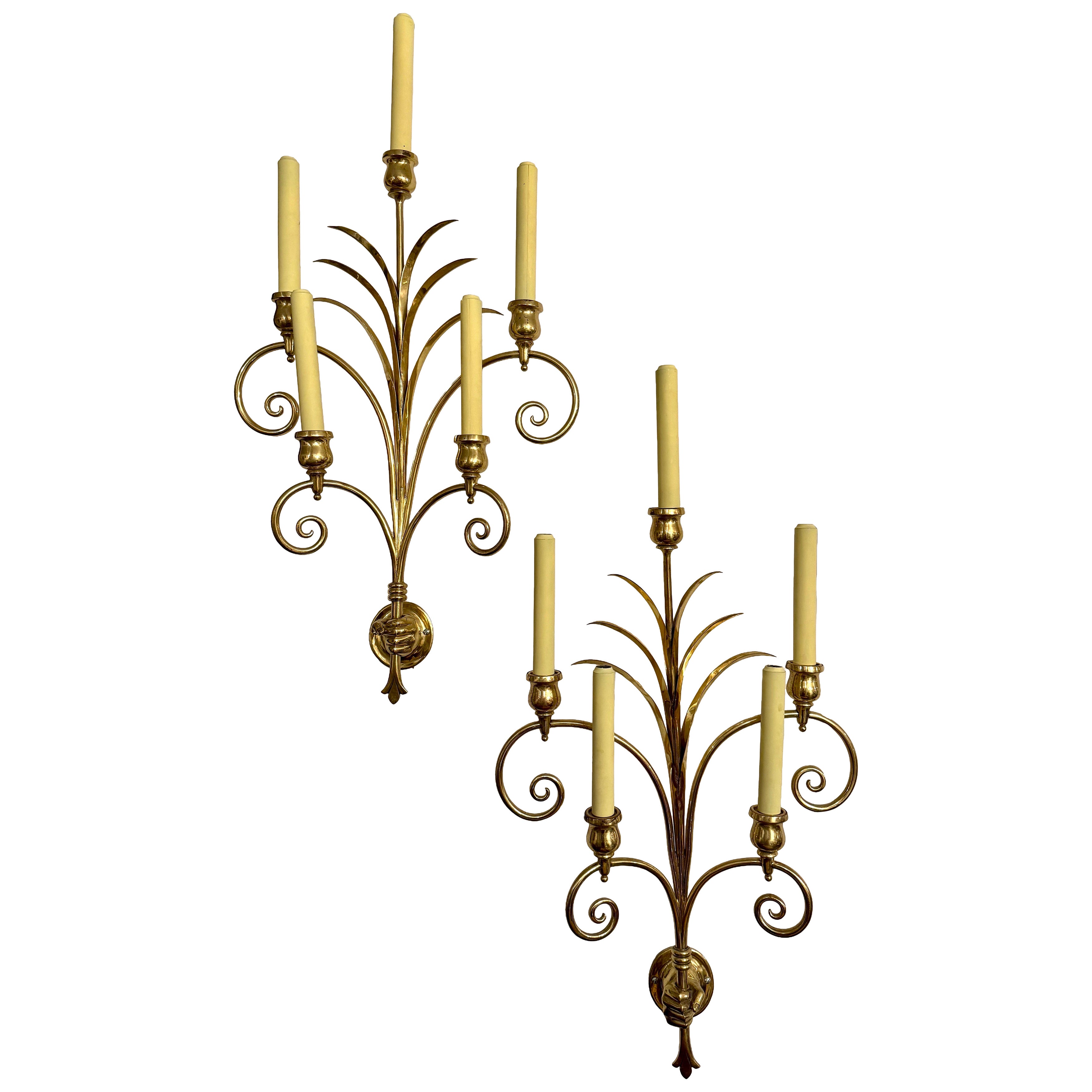 Sconcese francesi a candelabro degli anni '30 in ottone, COPPIA in vendita