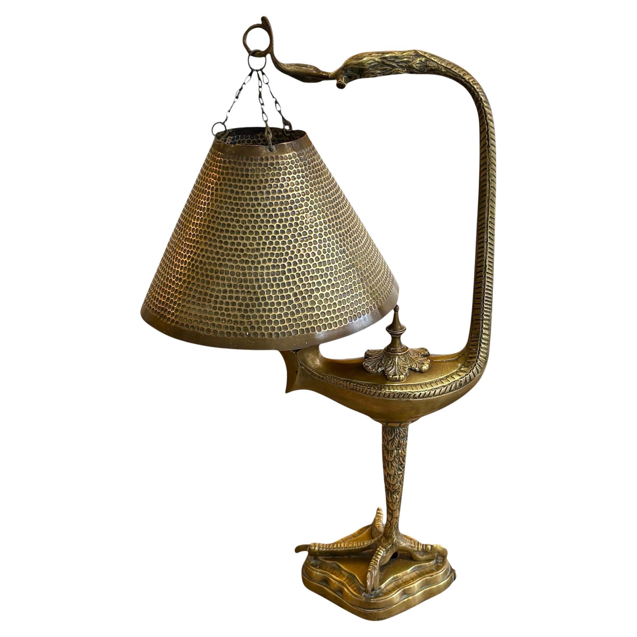 Art Deco Brass Eagle Table Lamp, French, Hammered Design, 1930s