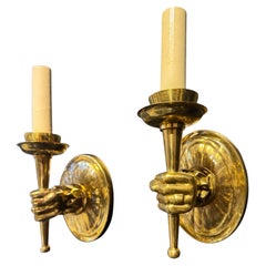 1930's French Bronze and Crystal Sconces with One Light