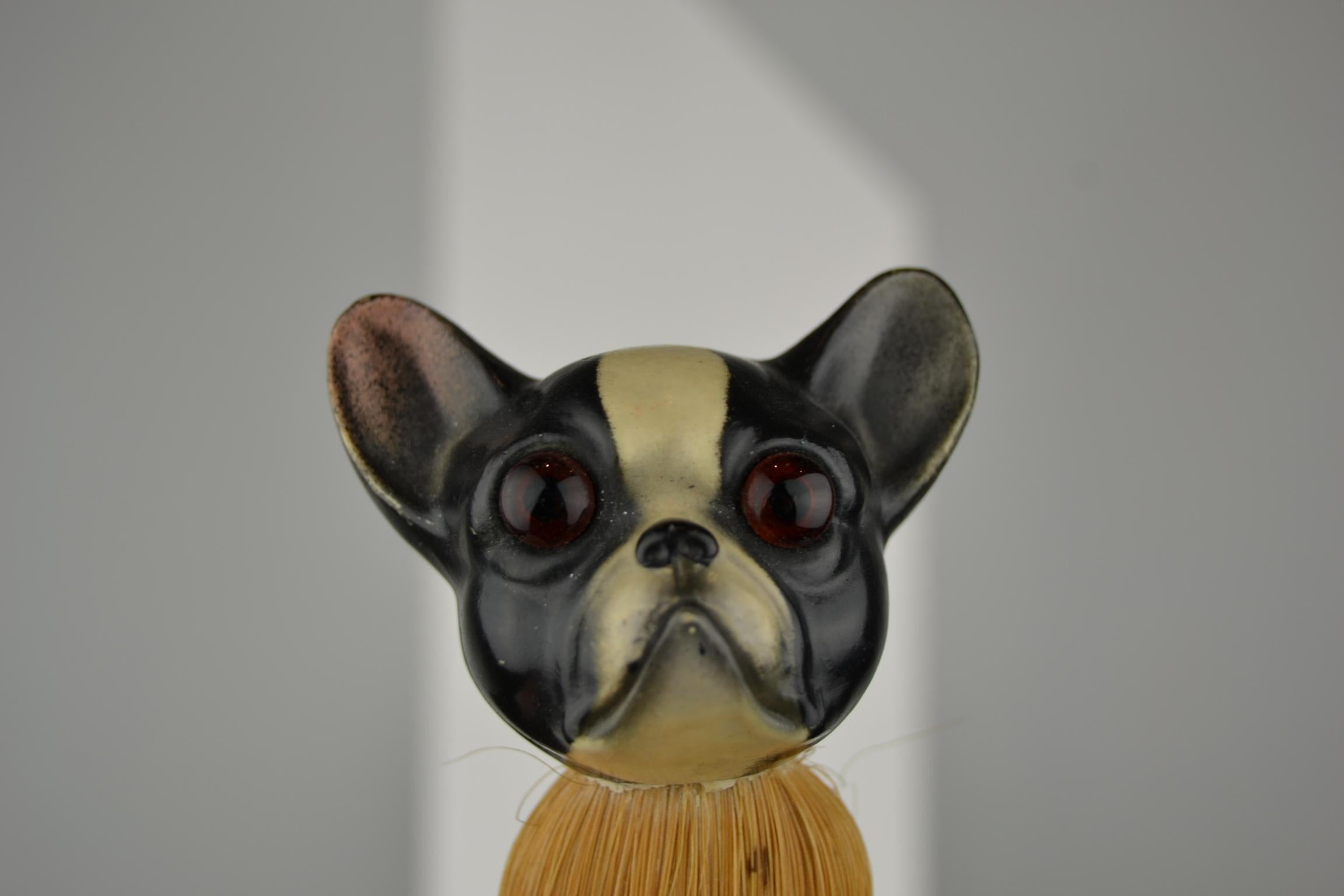 Straw 1930s French Bulldog Brush with Turtle Shell Head, Europe For Sale