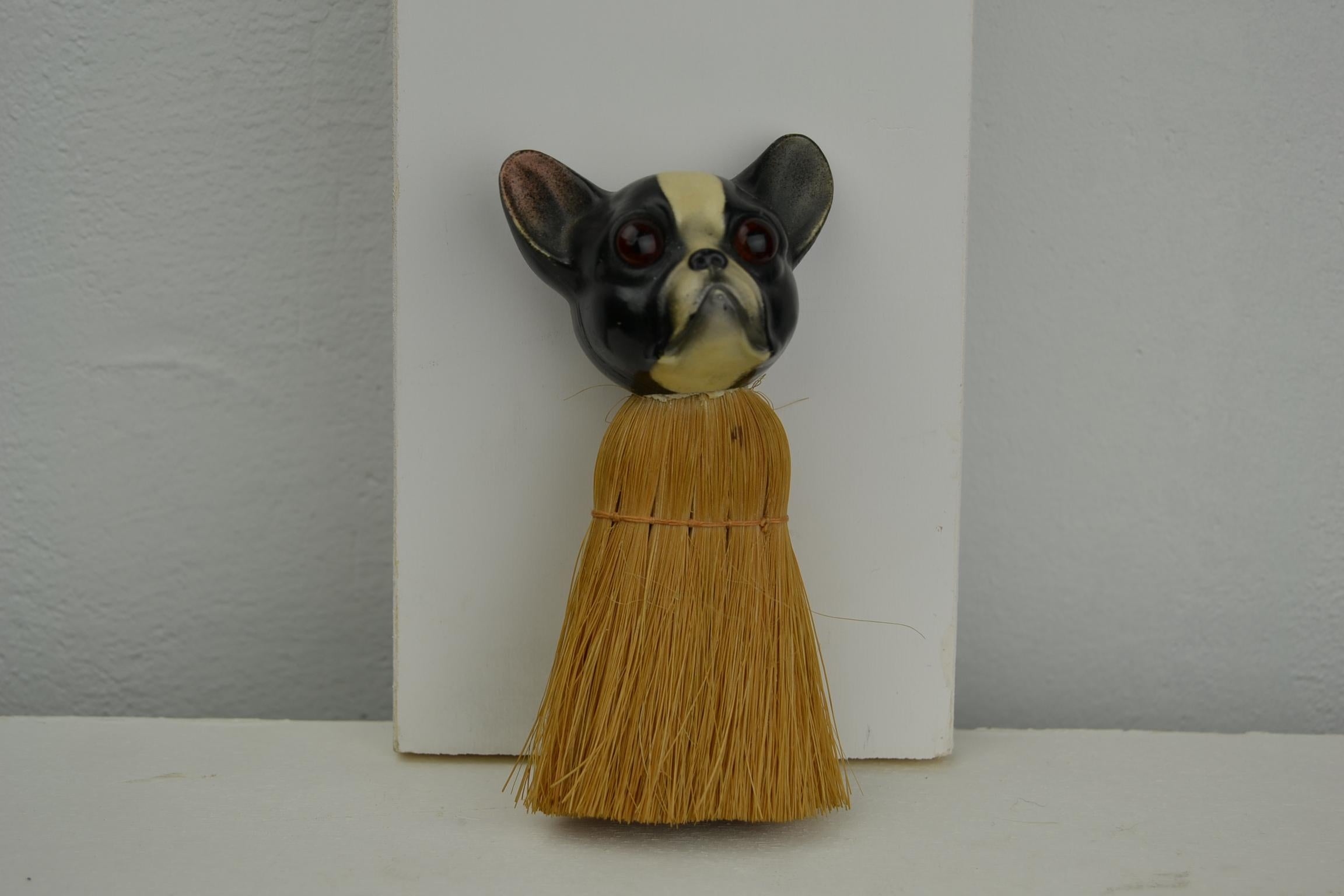 Art Deco French bulldog clothes brush, table brush, hand brush.
This cute antique brush has a hand painted head of a Frenchie. The dog's head is made of filled turtle shell, celluloid with plaster and has glass eyes. The brush or broom is made of