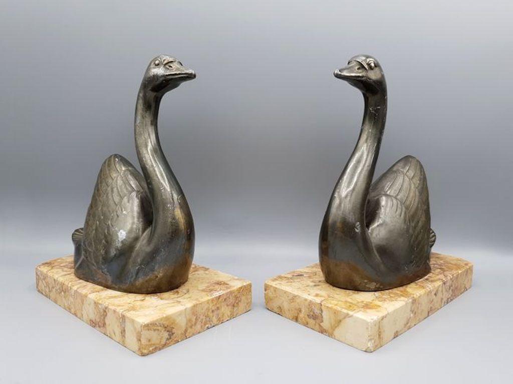 1930s French by M. Leducq Art Deco Swans with Marble Bases Bookends 7