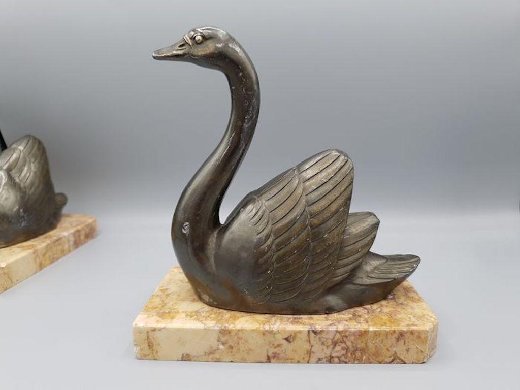 1930s French by M. Leducq Art Deco Swans with Marble Bases Bookends 1