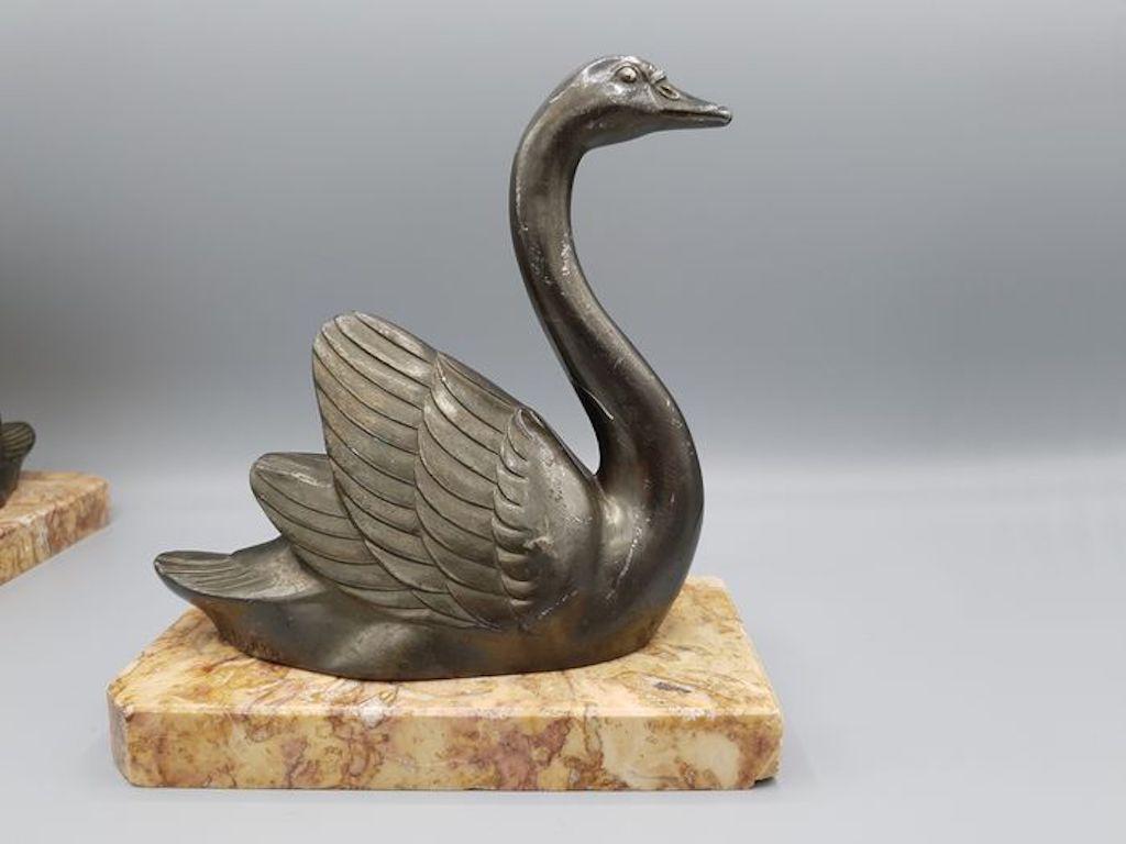 1930s French by M. Leducq Art Deco Swans with Marble Bases Bookends 2