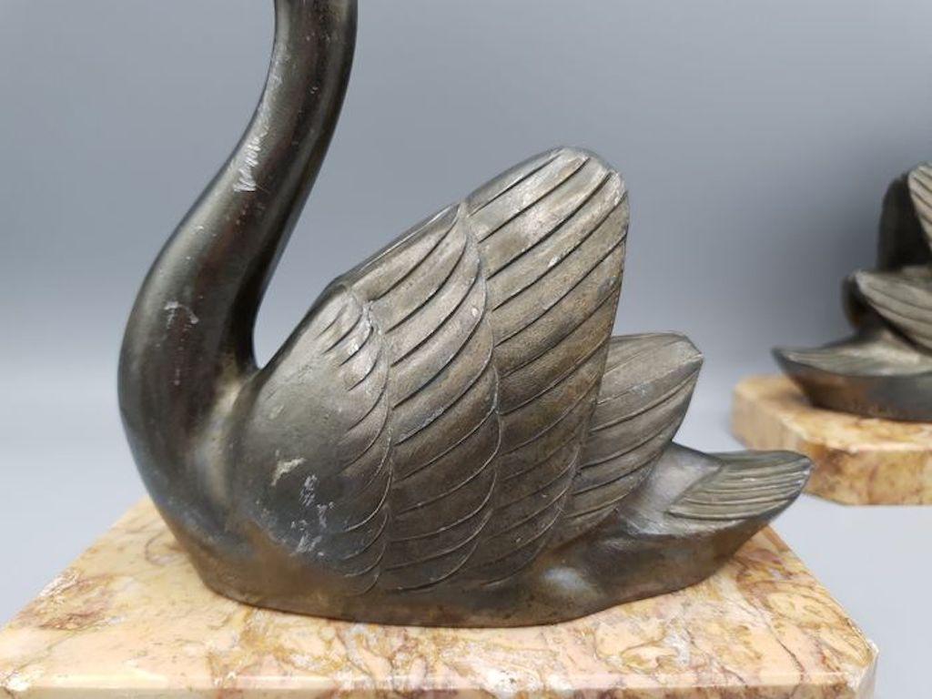 1930s French by M. Leducq Art Deco Swans with Marble Bases Bookends 3