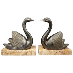 1930s French by M. Leducq Art Deco Swans with Marble Bases Bookends