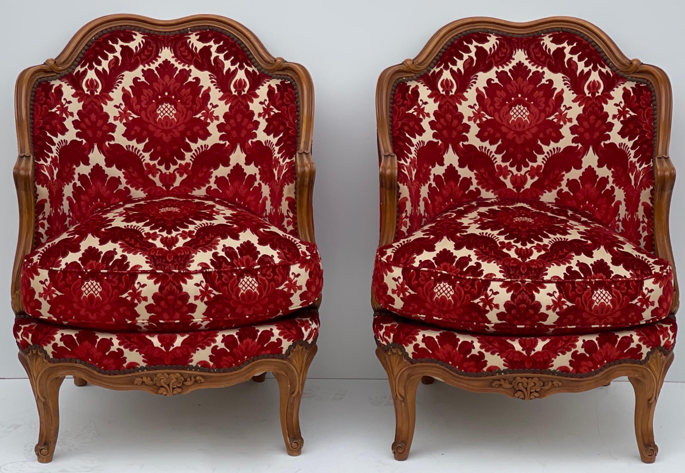 1930s French Carved Fruitwood Chairs in Red Cut Velvet Damask, Pair 5
