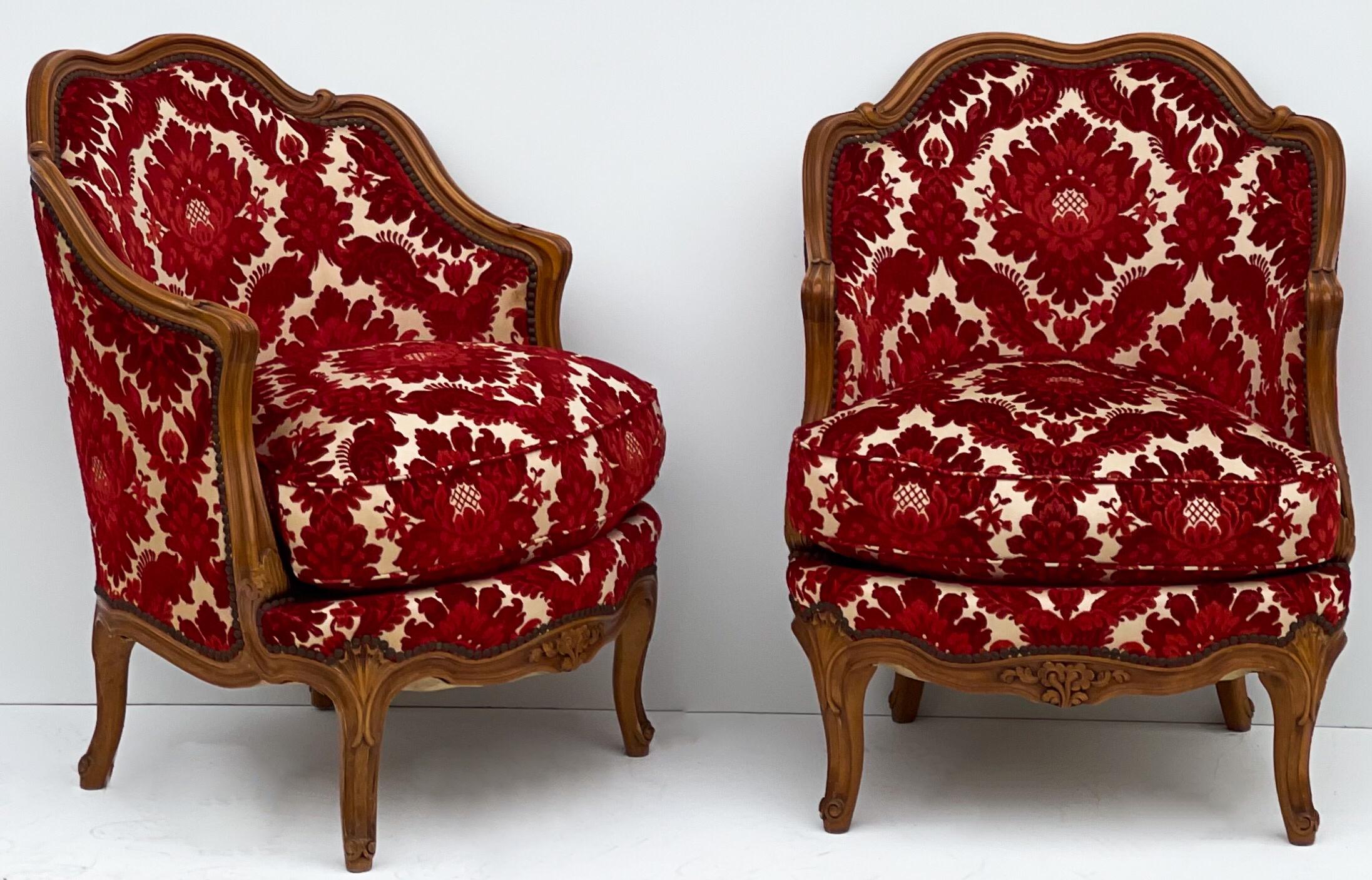 1930s French Carved Fruitwood Chairs in Red Cut Velvet Damask, Pair 6