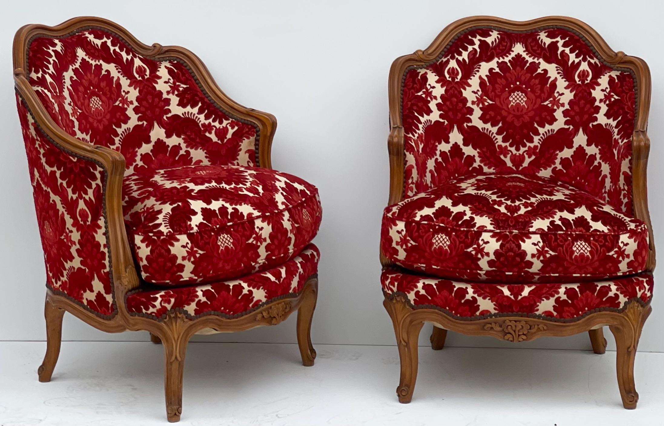 French Provincial 1930s French Carved Fruitwood Chairs in Red Cut Velvet Damask, Pair