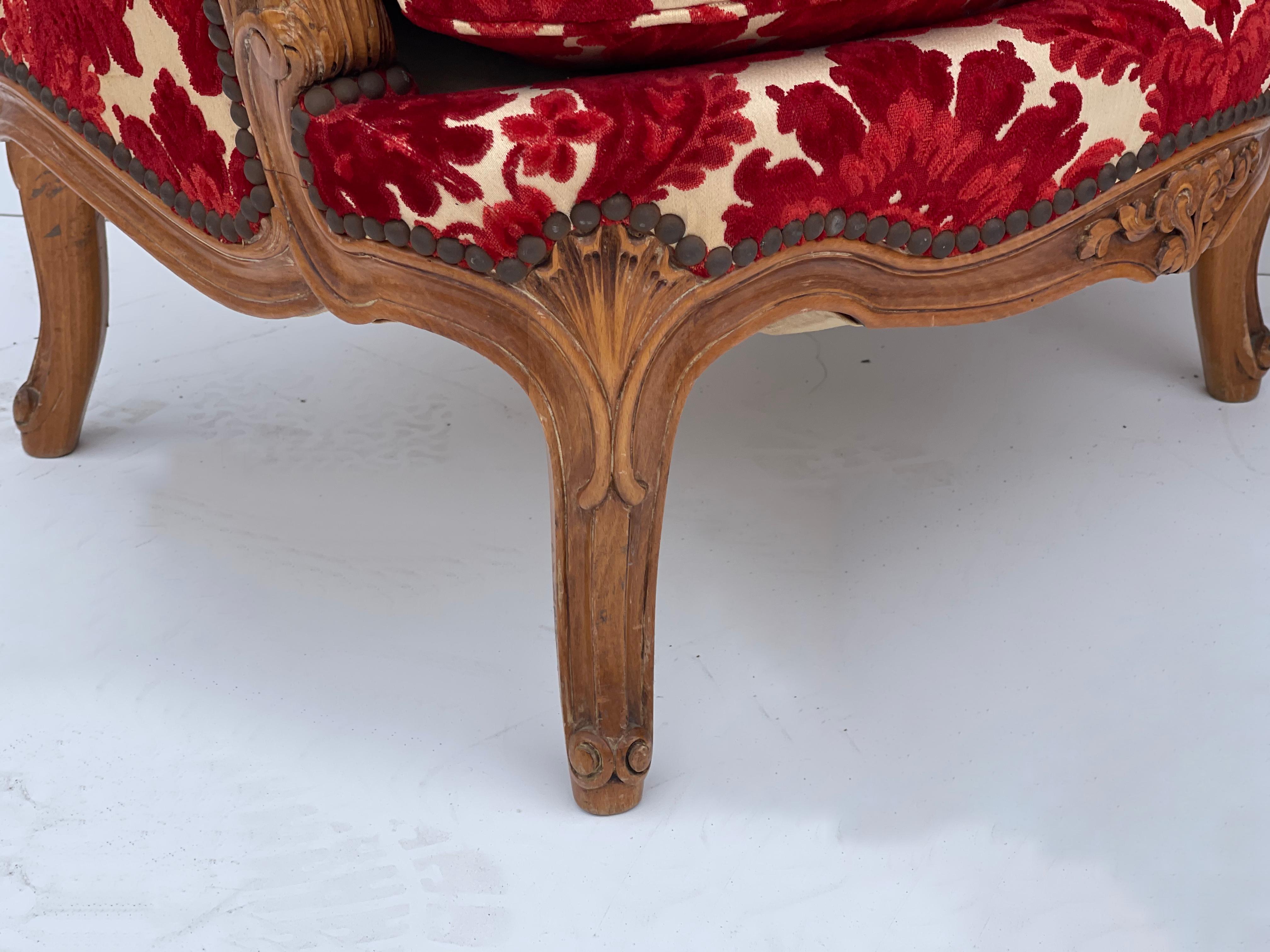 1930s French Carved Fruitwood Chairs in Red Cut Velvet Damask, Pair 2