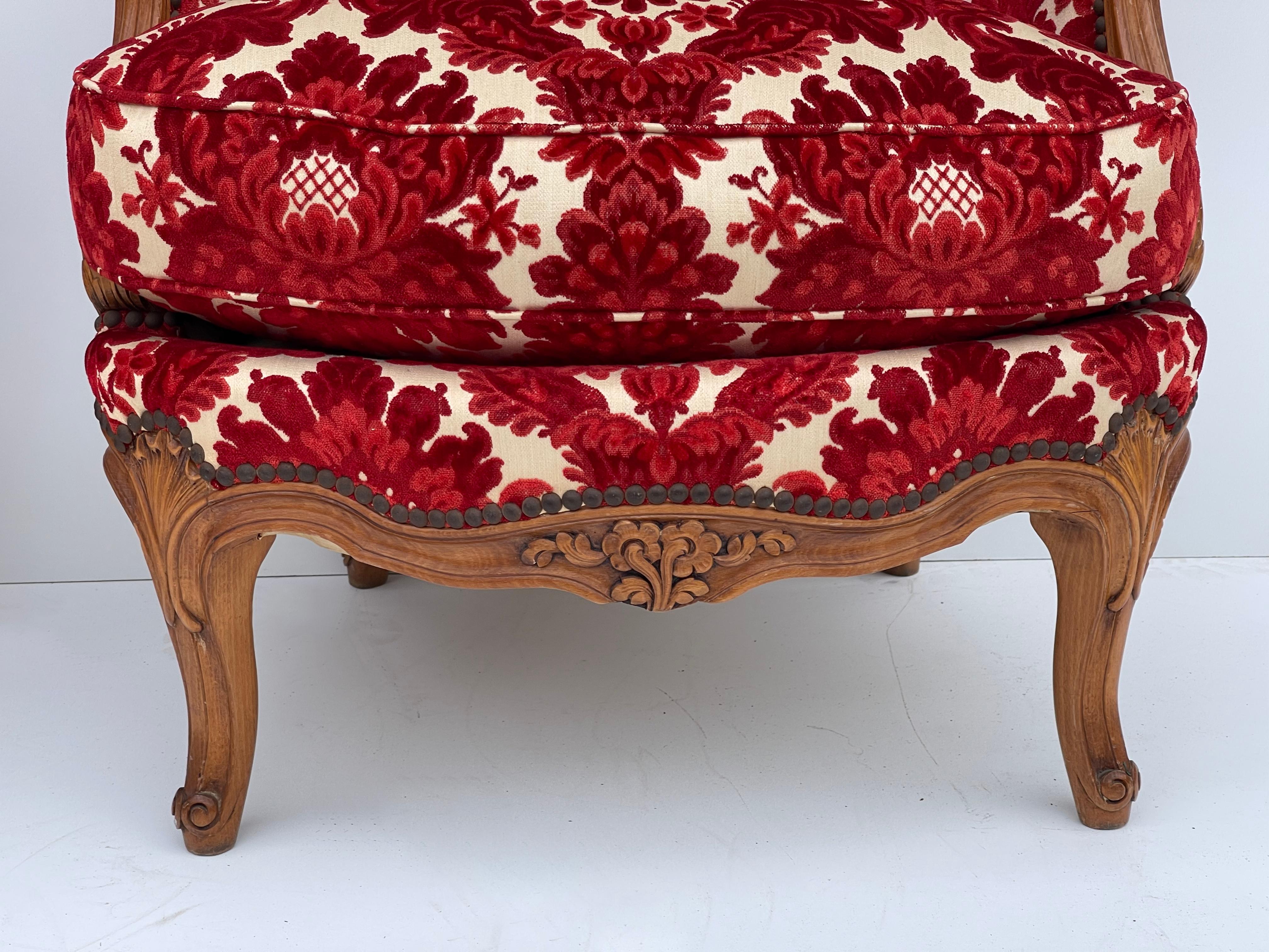 1930s French Carved Fruitwood Chairs in Red Cut Velvet Damask, Pair 3