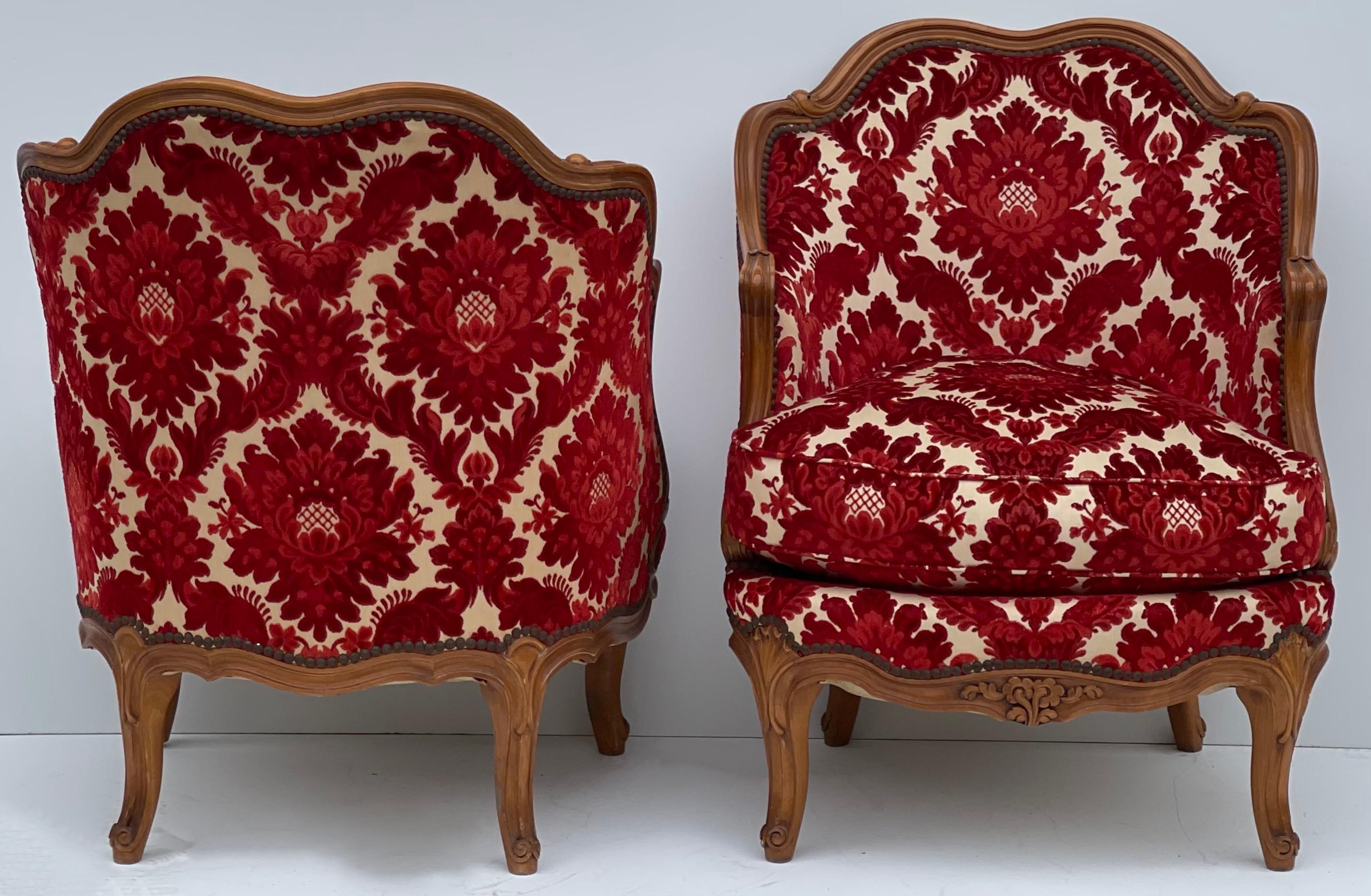 1930s French Carved Fruitwood Chairs in Red Cut Velvet Damask, Pair 4