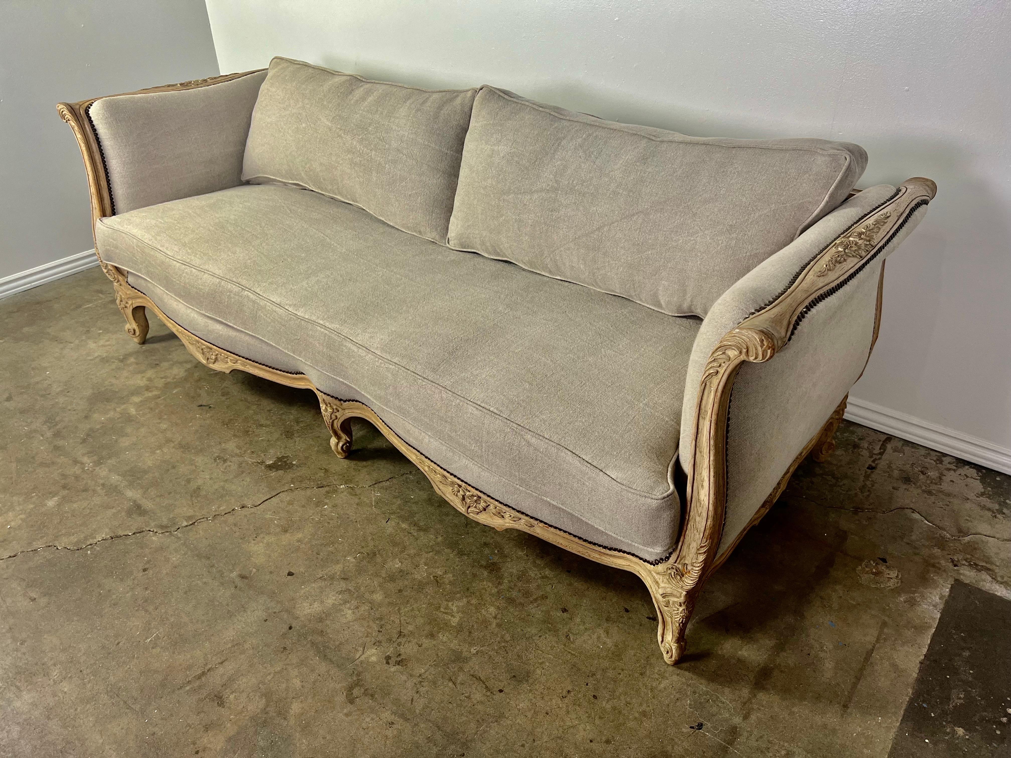1930s French Carved Sofa with Linen Cushions  8
