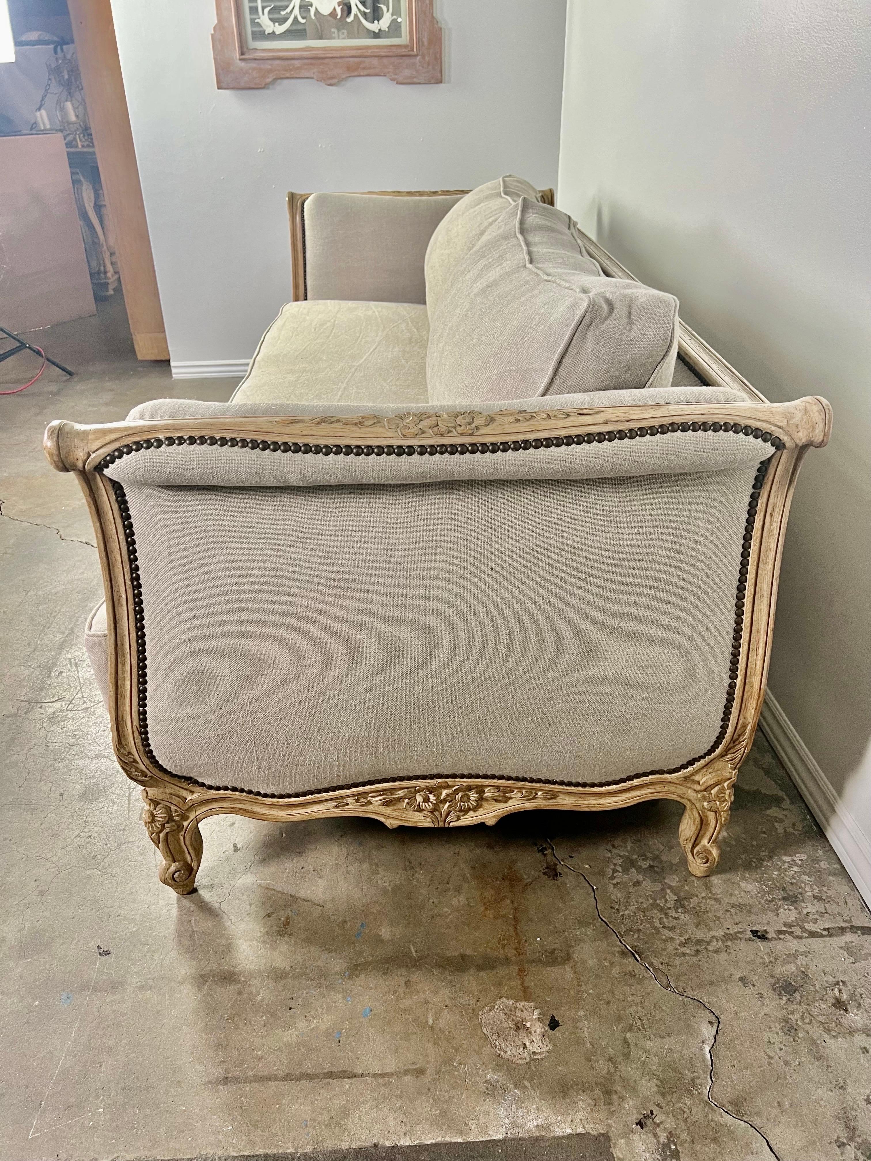 1930s French Carved Sofa with Linen Cushions  In Good Condition In Los Angeles, CA