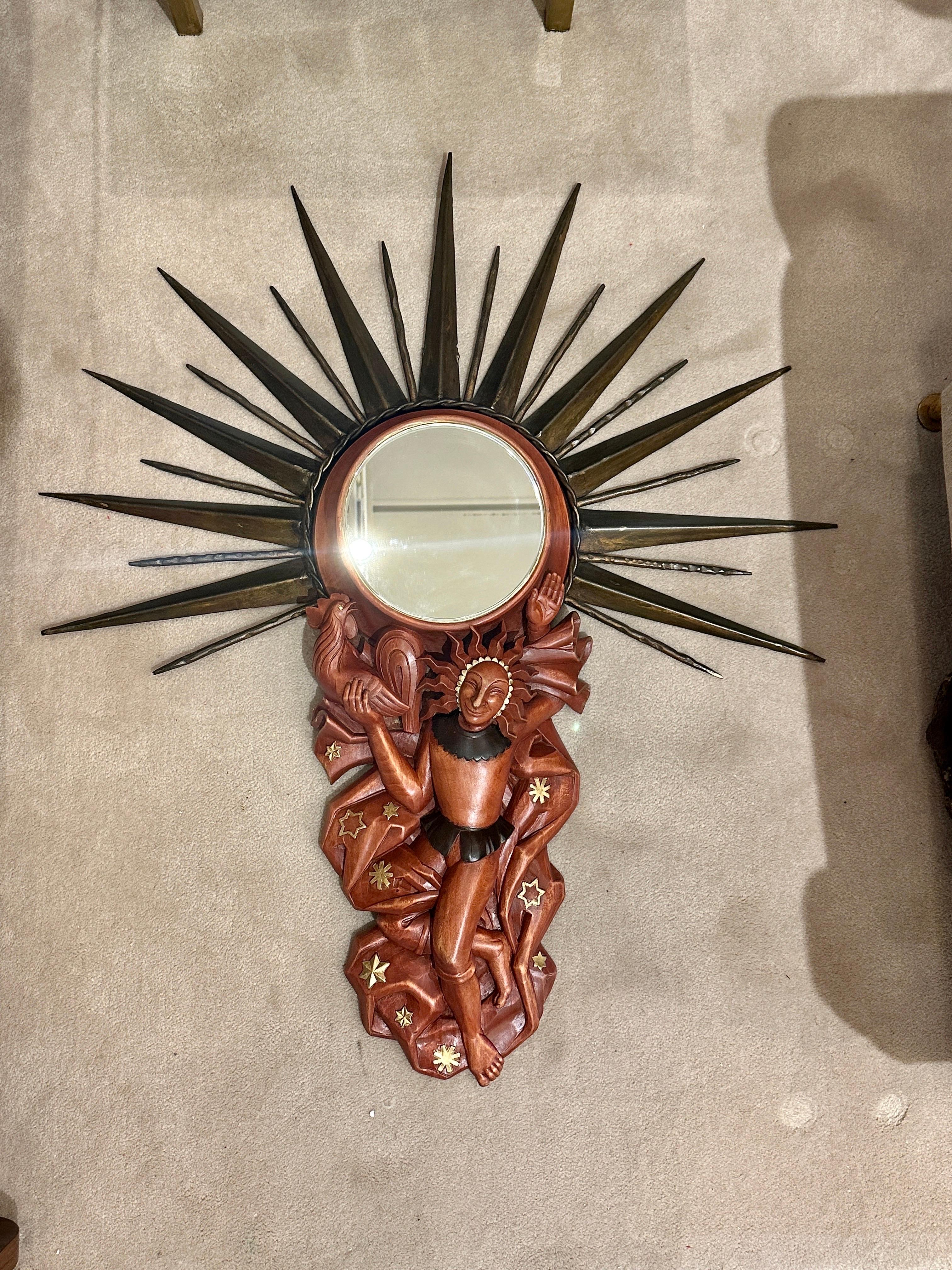 1930s French Carved Wood & Brass Sunburst Wall Mirror For Sale 2