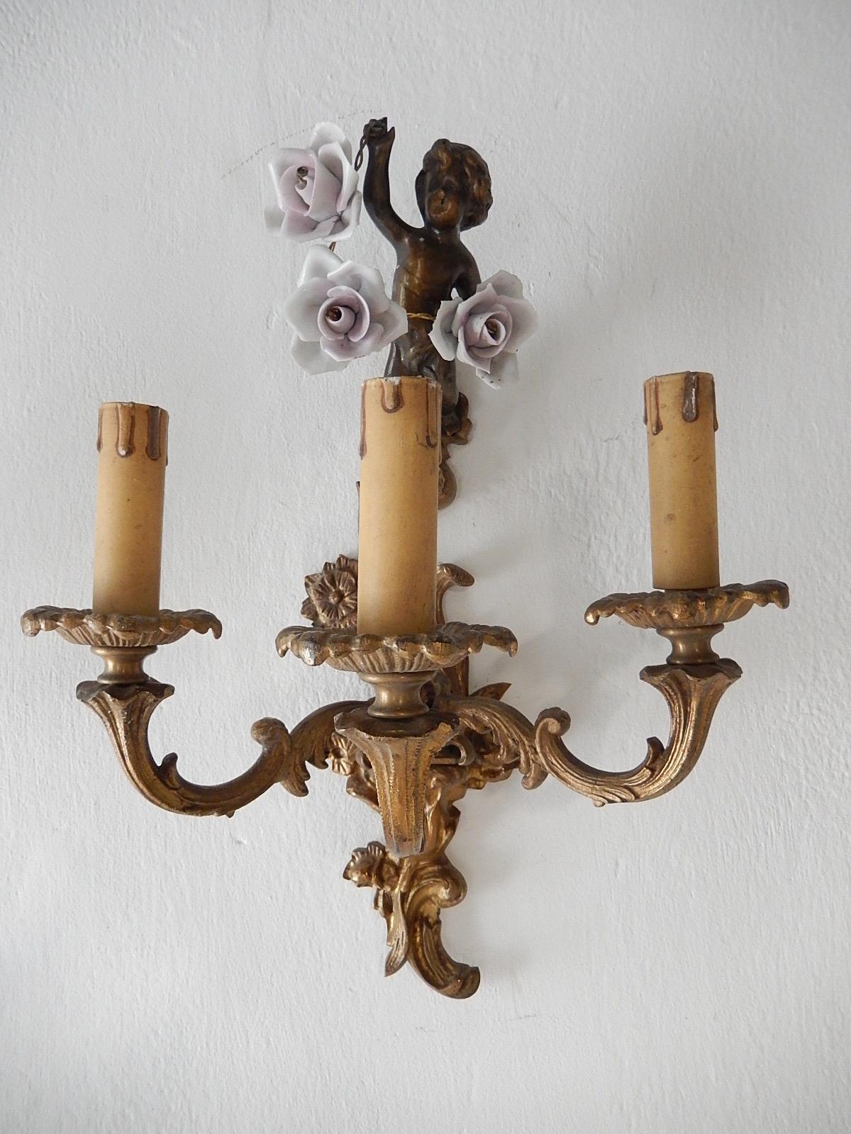 20th Century 1930s French Cast Bronze Cherub Bows and Porcelain Roses Sconces