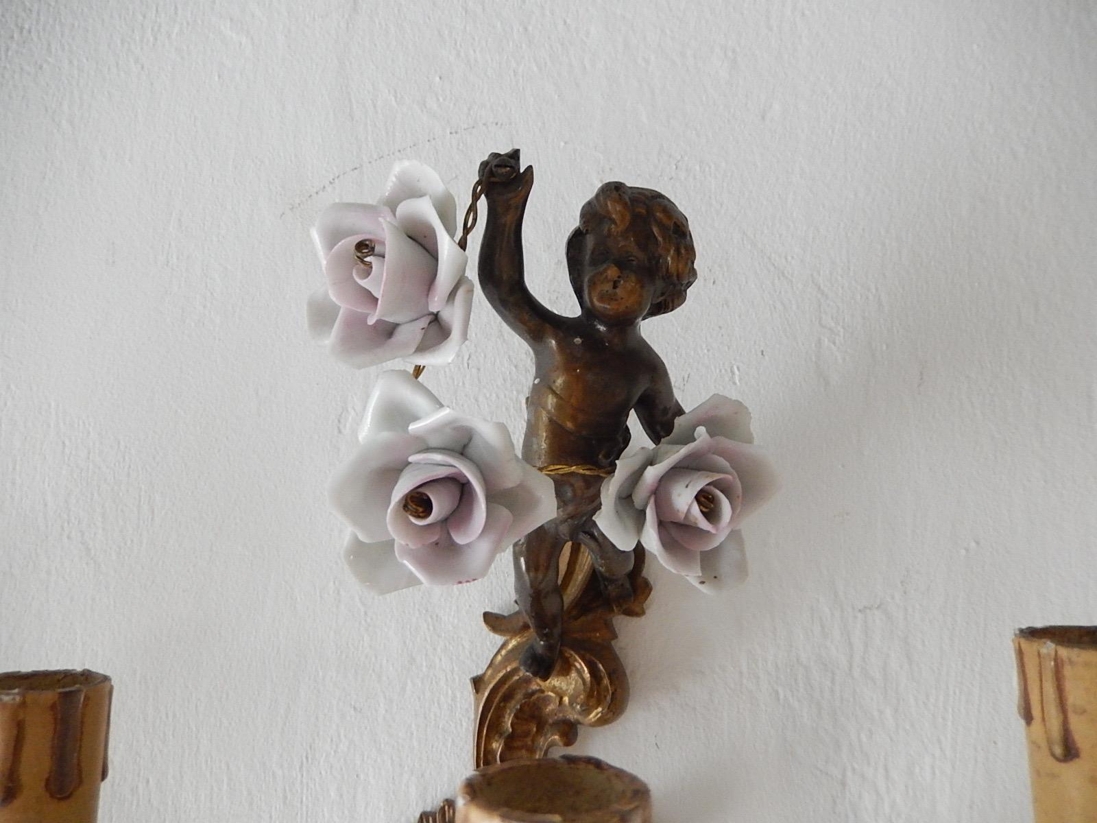 1930s French Cast Bronze Cherub Bows and Porcelain Roses Sconces 1