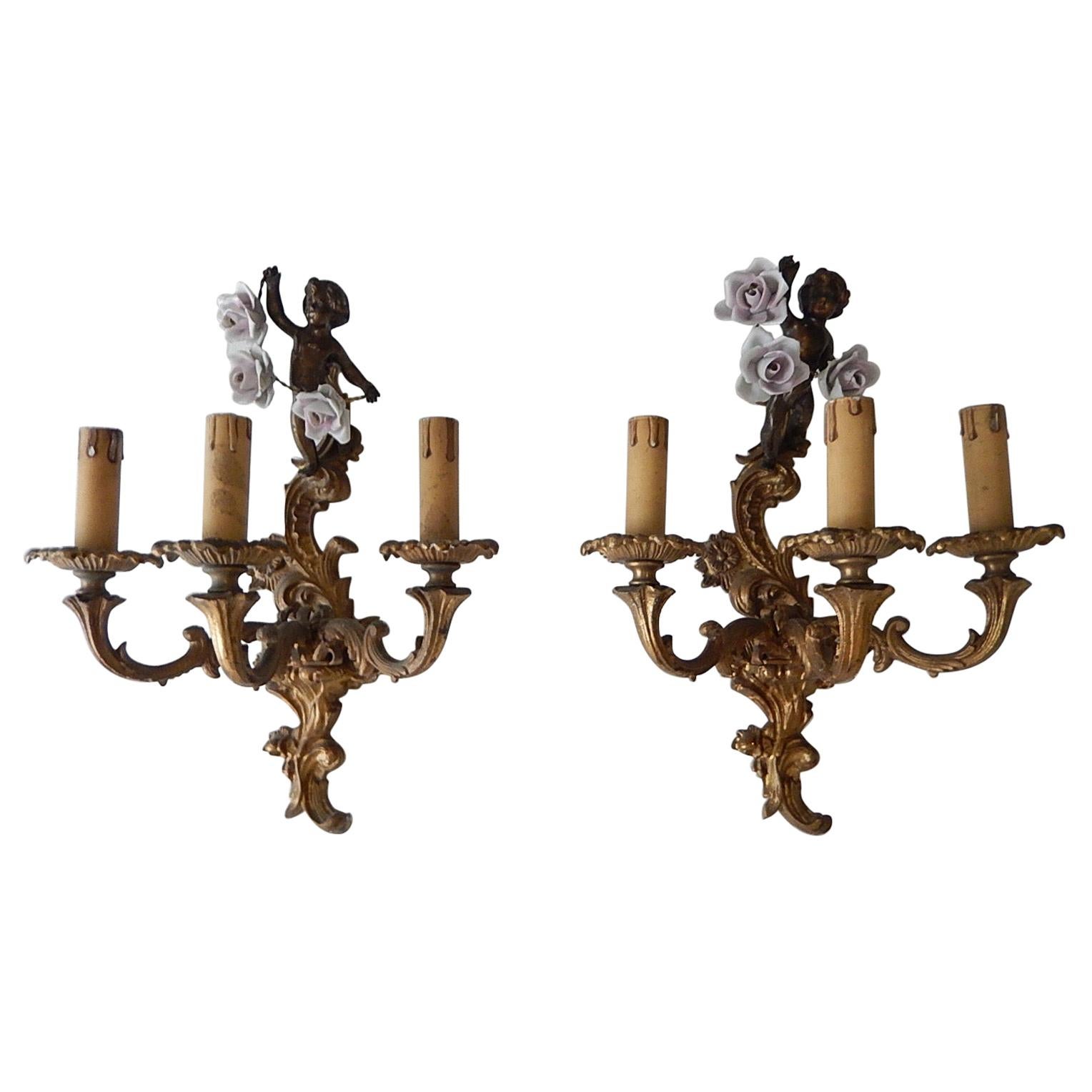 1930s French Cast Bronze Cherub Bows and Porcelain Roses Sconces