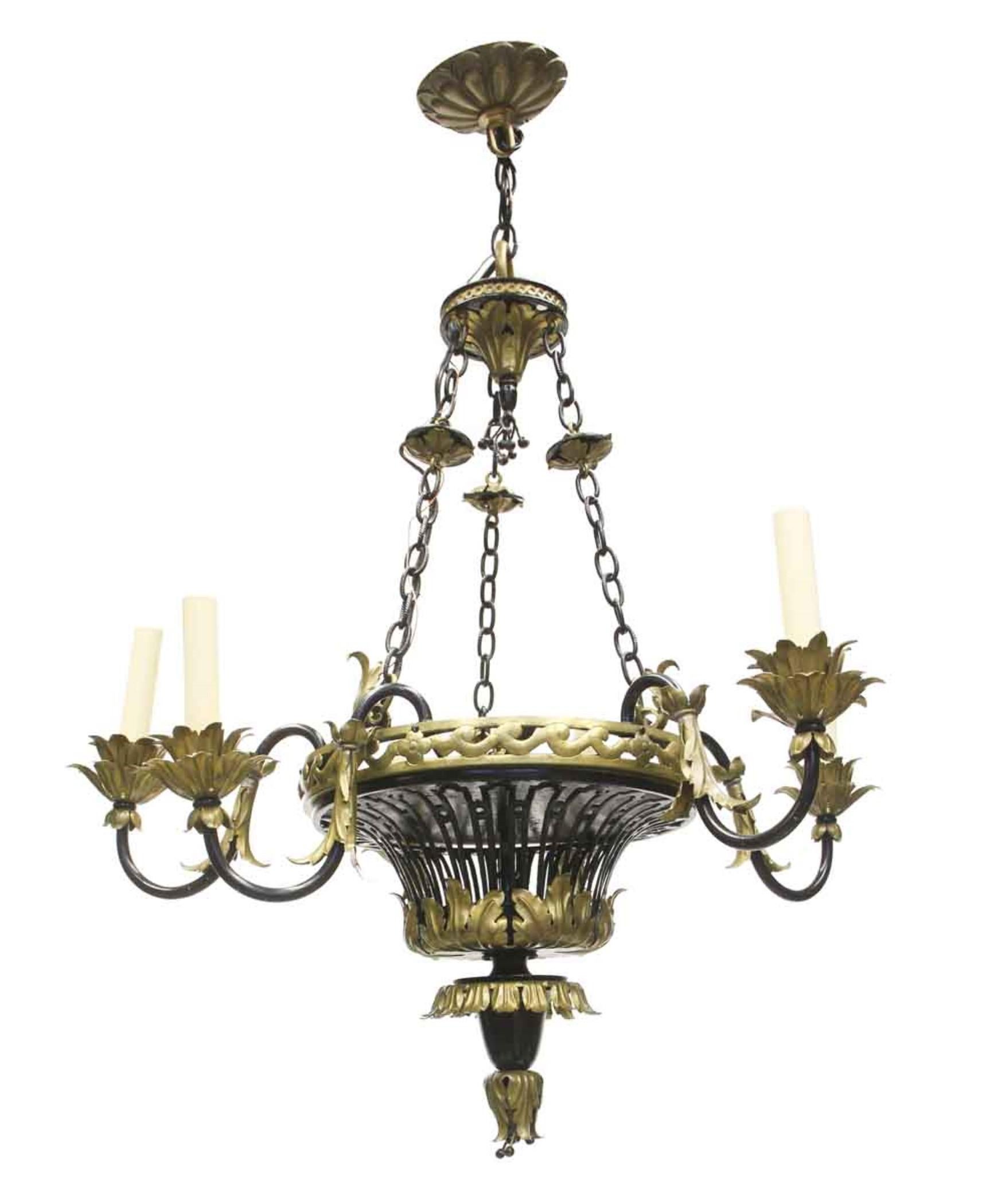 French 6 arms chandelier with gilt metal and done in a French Country style from the 1930s. Details include gilt leaves and finial. Cleaned and rewired. Please note, this item is located in one of our NYC locations.