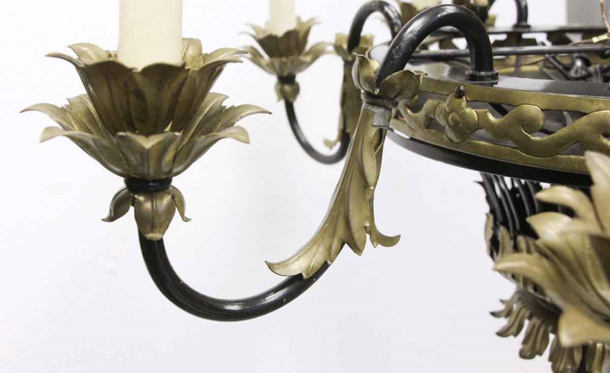 Mid-20th Century 1930s French Country 6 Arm Chandelier Gilt Floral Leaves Design For Sale