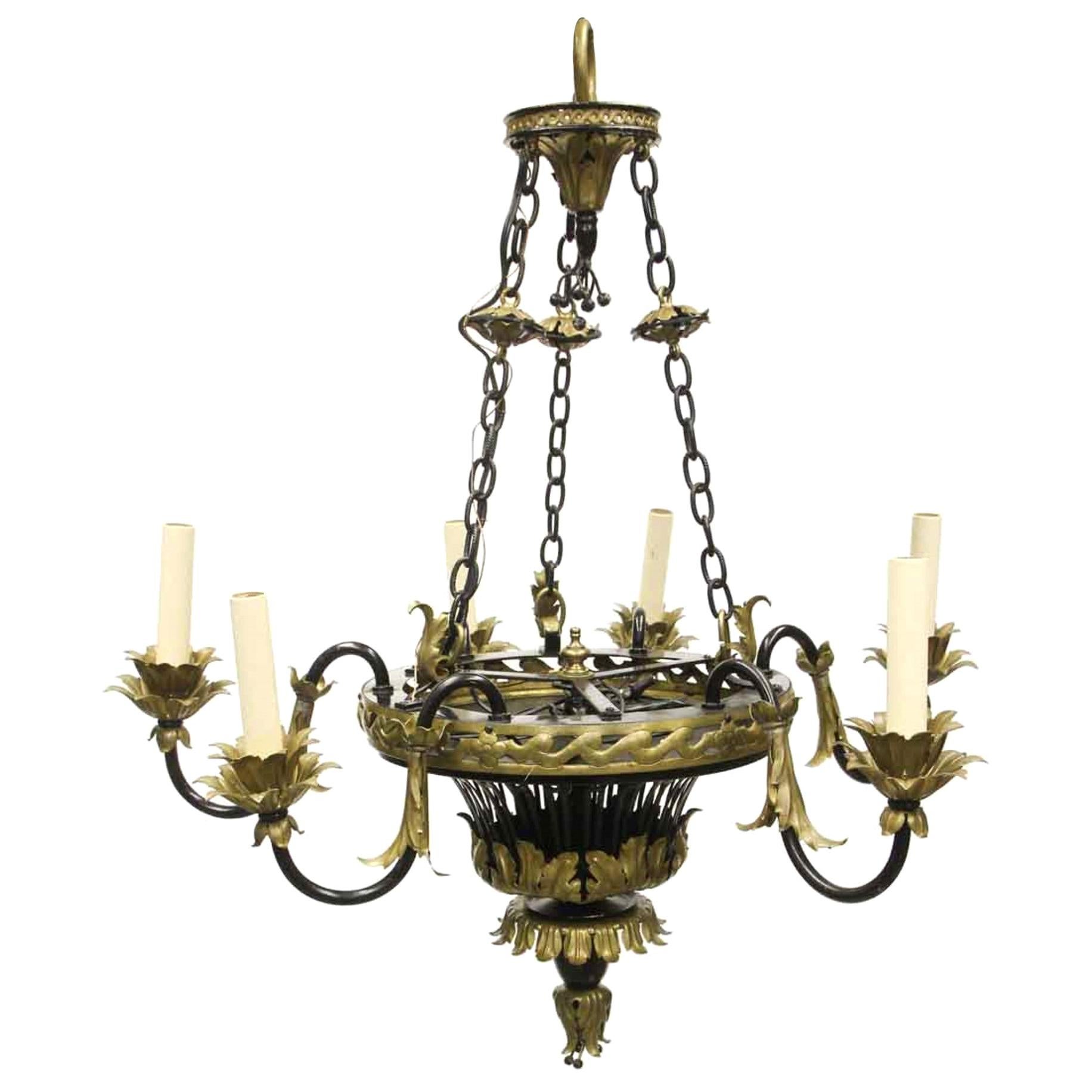 1930s French Country 6 Arm Chandelier Gilt Floral Leaves Design