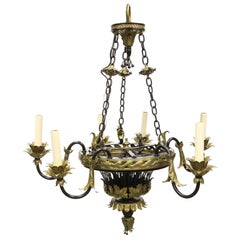 1930s French Country 6 Arm Chandelier with Gilt and Floral Leaves Design