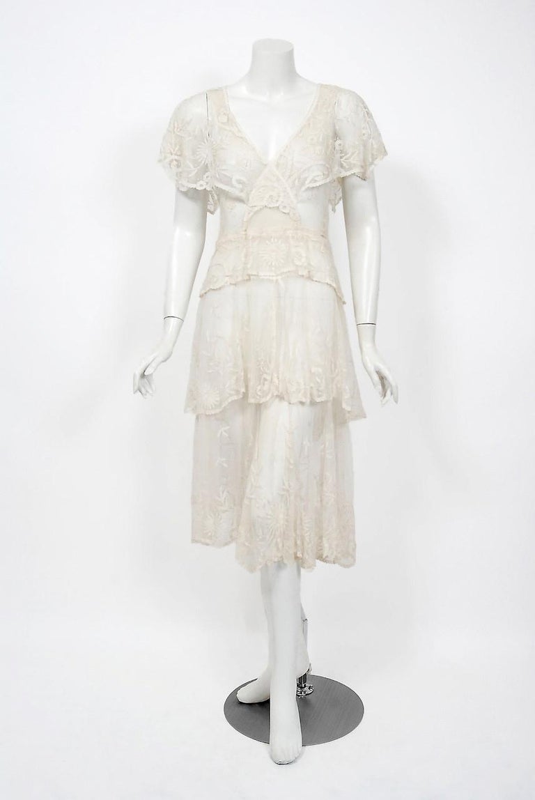 1930's French Couture Ivory White Lace Capelet Plunge Tiered Bias-Cut ...