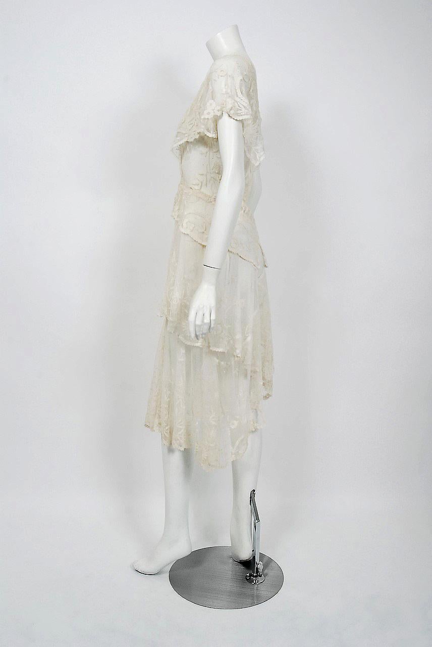 1930's French Couture Ivory White Lace Capelet Plunge Tiered Bias-Cut Dress  2