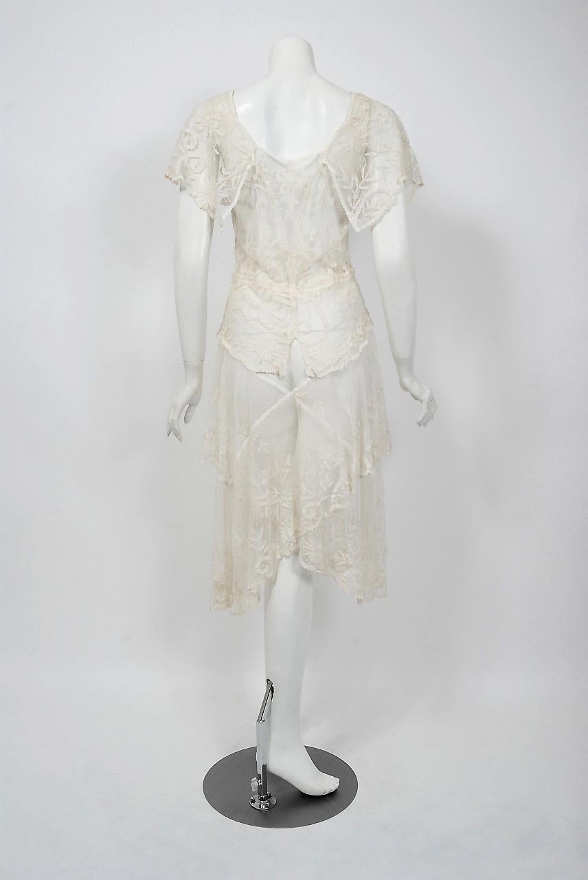1930's French Couture Ivory White Lace Capelet Plunge Tiered Bias-Cut Dress  3