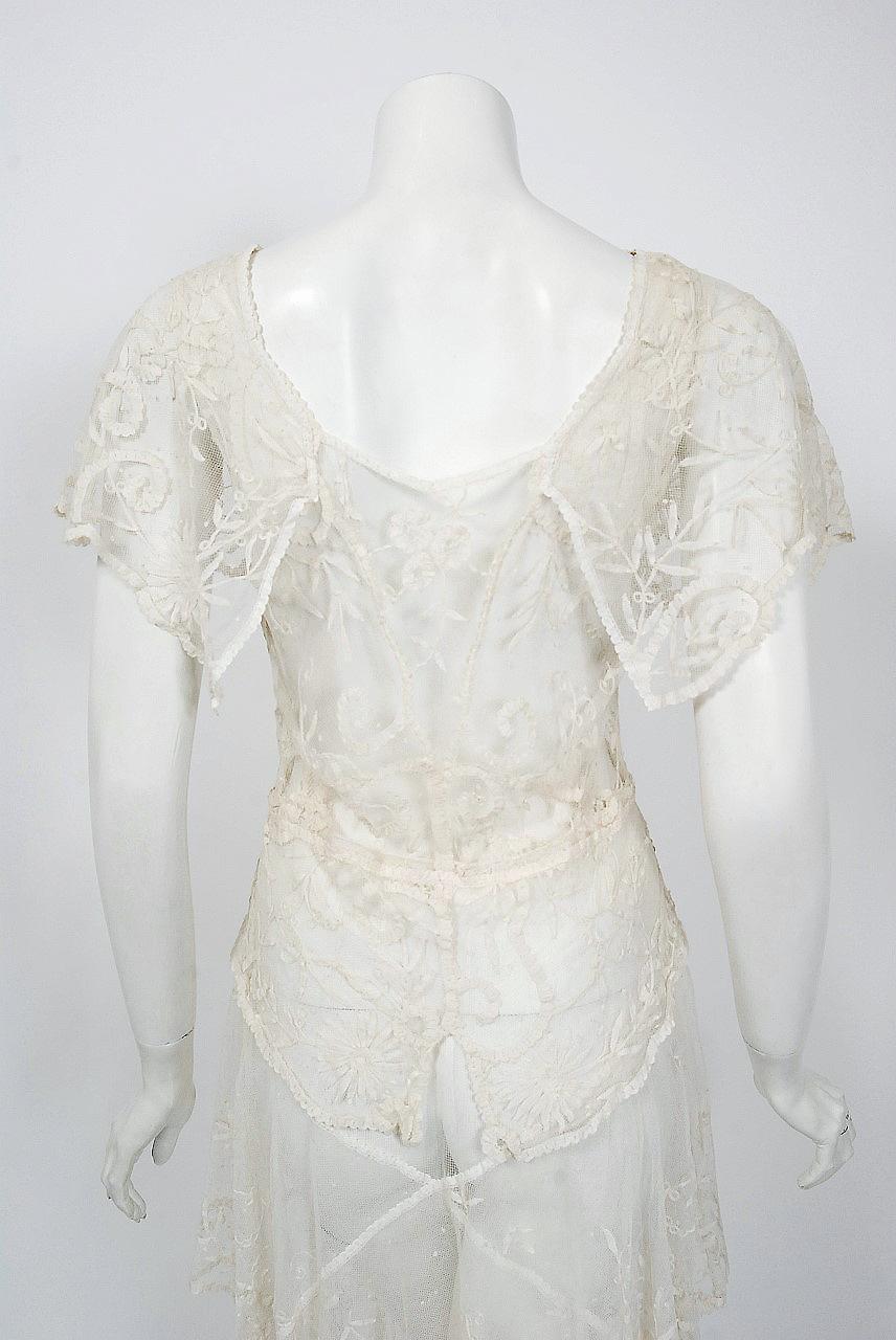 1930's French Couture Ivory White Lace Capelet Plunge Tiered Bias-Cut Dress  4