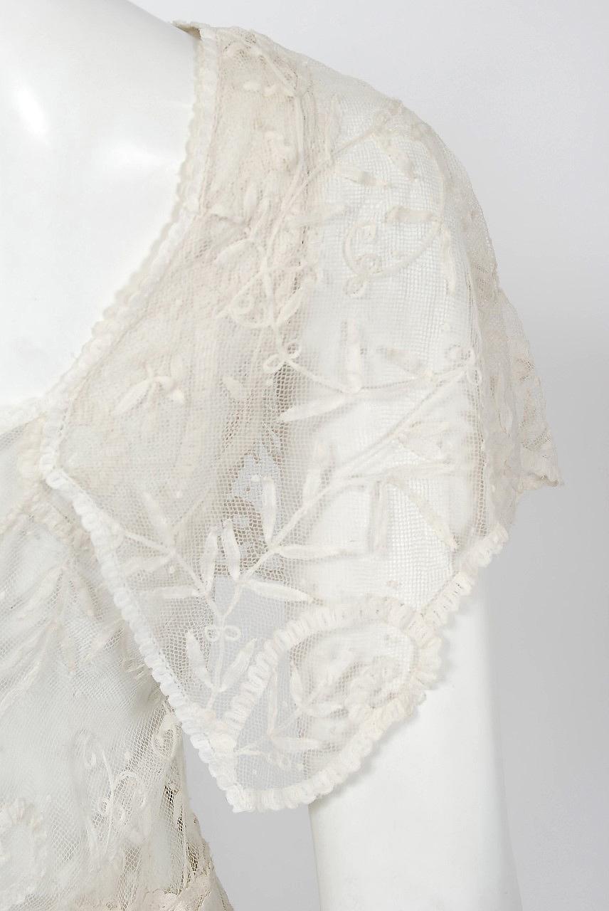 1930's French Couture Ivory White Lace Capelet Plunge Tiered Bias-Cut Dress  5