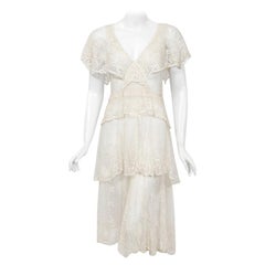 1930's French Couture Ivory White Lace Capelet Plunge Tiered Bias-Cut ...