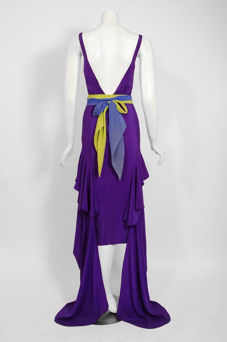 1930's French Couture Purple Silk Bias-Cut Tiered Trains Backless Deco ...