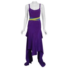 1930's French Couture Purple Silk Bias-Cut Tiered Trains Backless Deco Dress