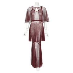 1930's French Couture Sheer Burgundy Corded Lace Tiered Bias-Cut Gown & Capelet