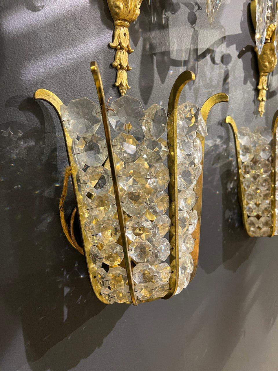 Gilt 1930s French Crystal Sconces For Sale