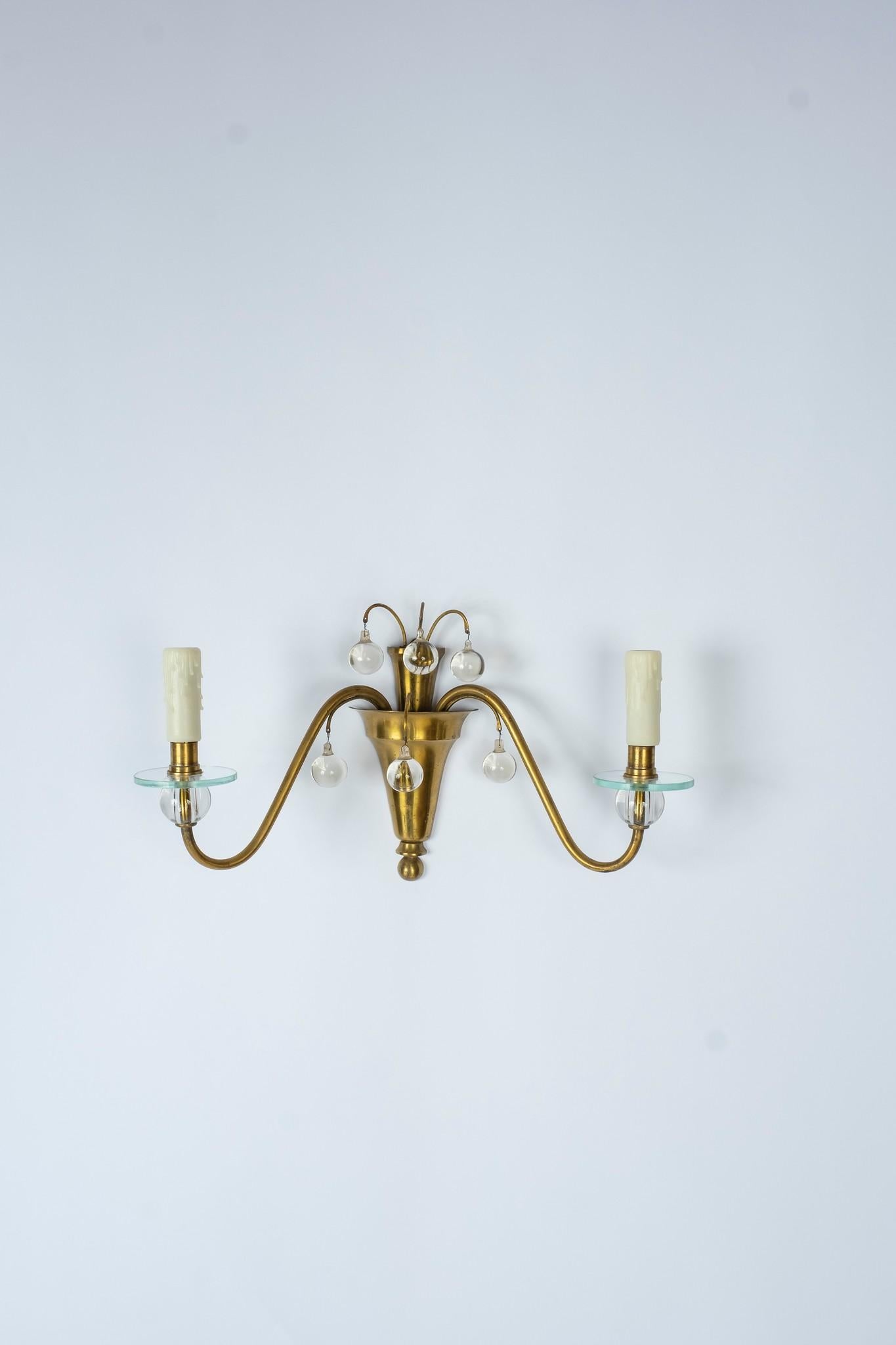 1930s French Deco Brass and Glass Sconces In Good Condition In Houston, TX
