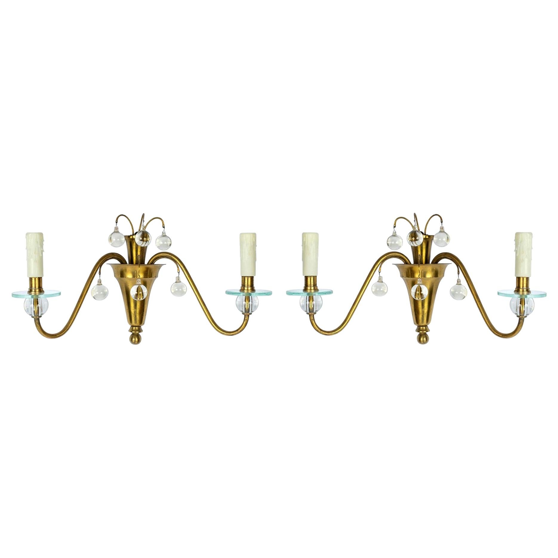 1930s French Deco Brass and Glass Sconces