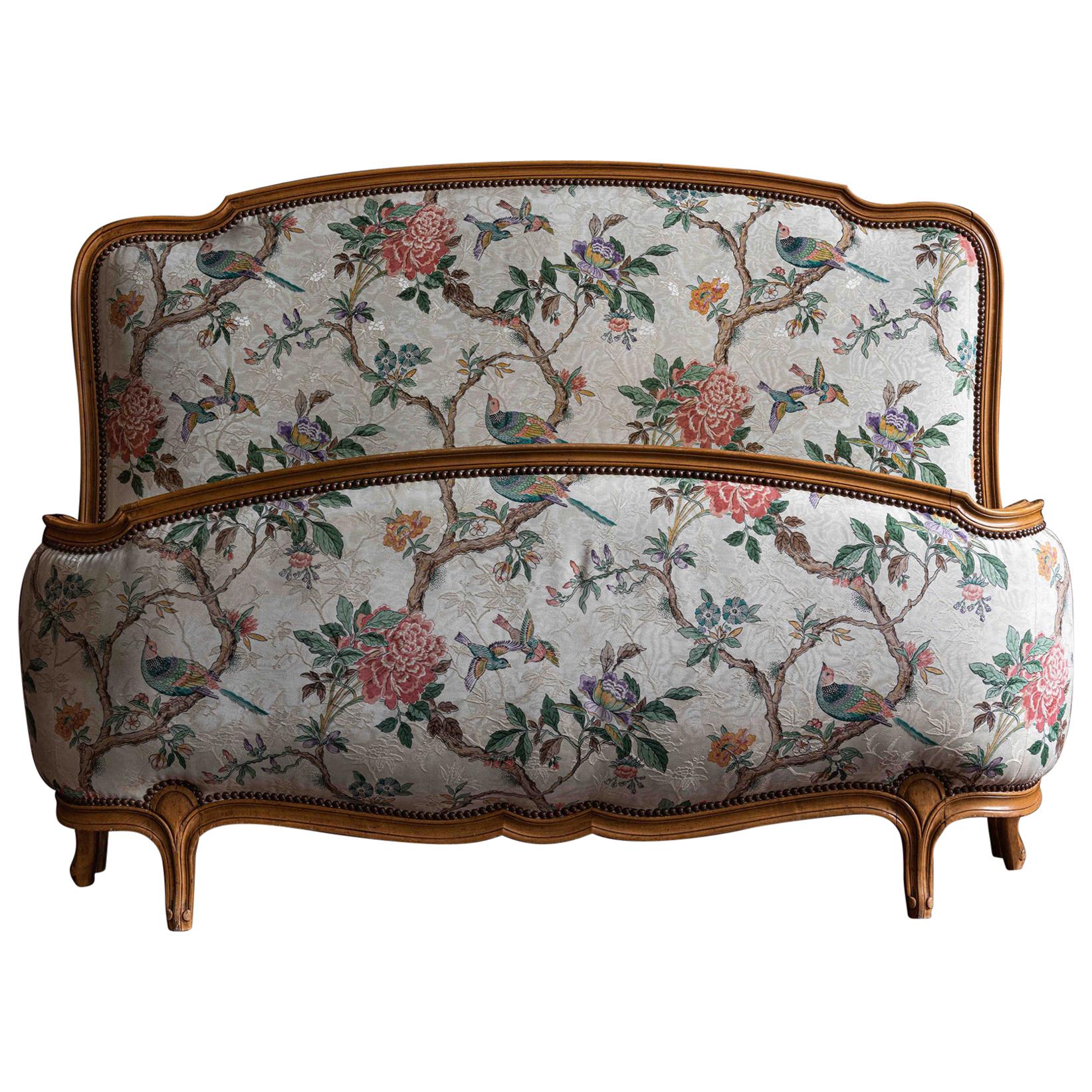 1930s French Demi Corbeille Double Bed with Decorative Upholstery