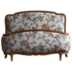 Vintage 1930s French Demi Corbeille Double Bed with Decorative Upholstery