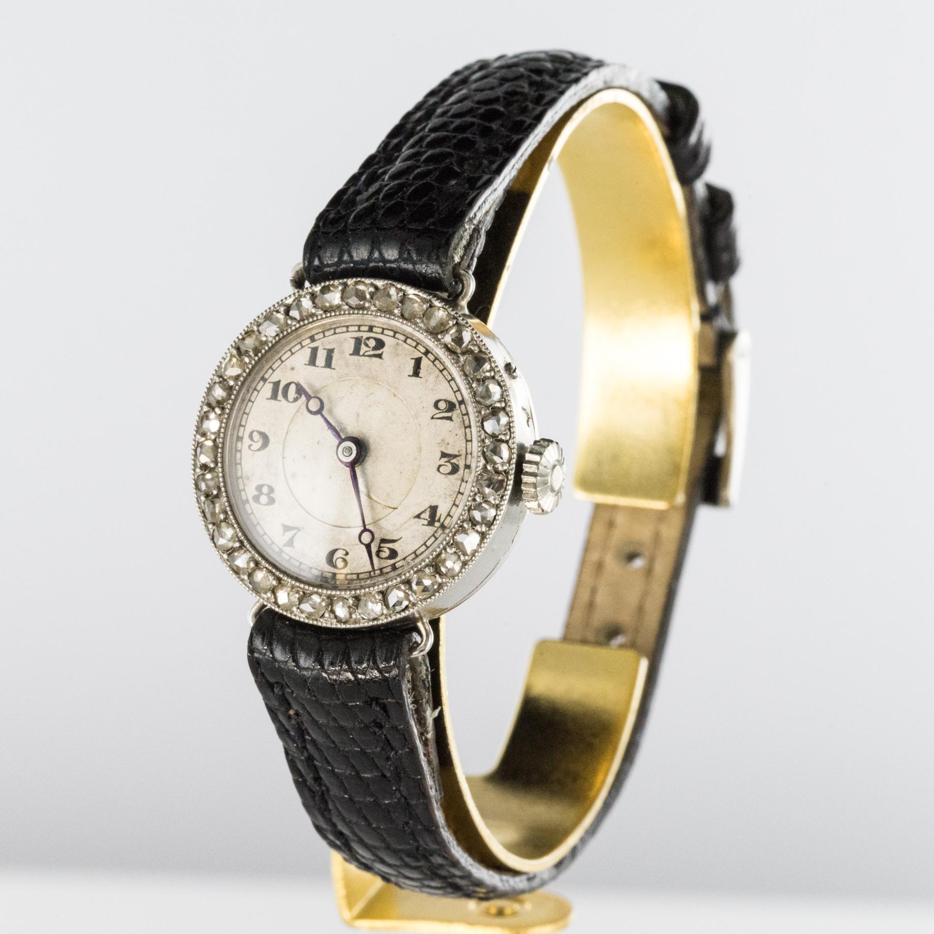 Rose Cut 1930s Art Deco French Diamond Platinum Mechanical Ladies Watch