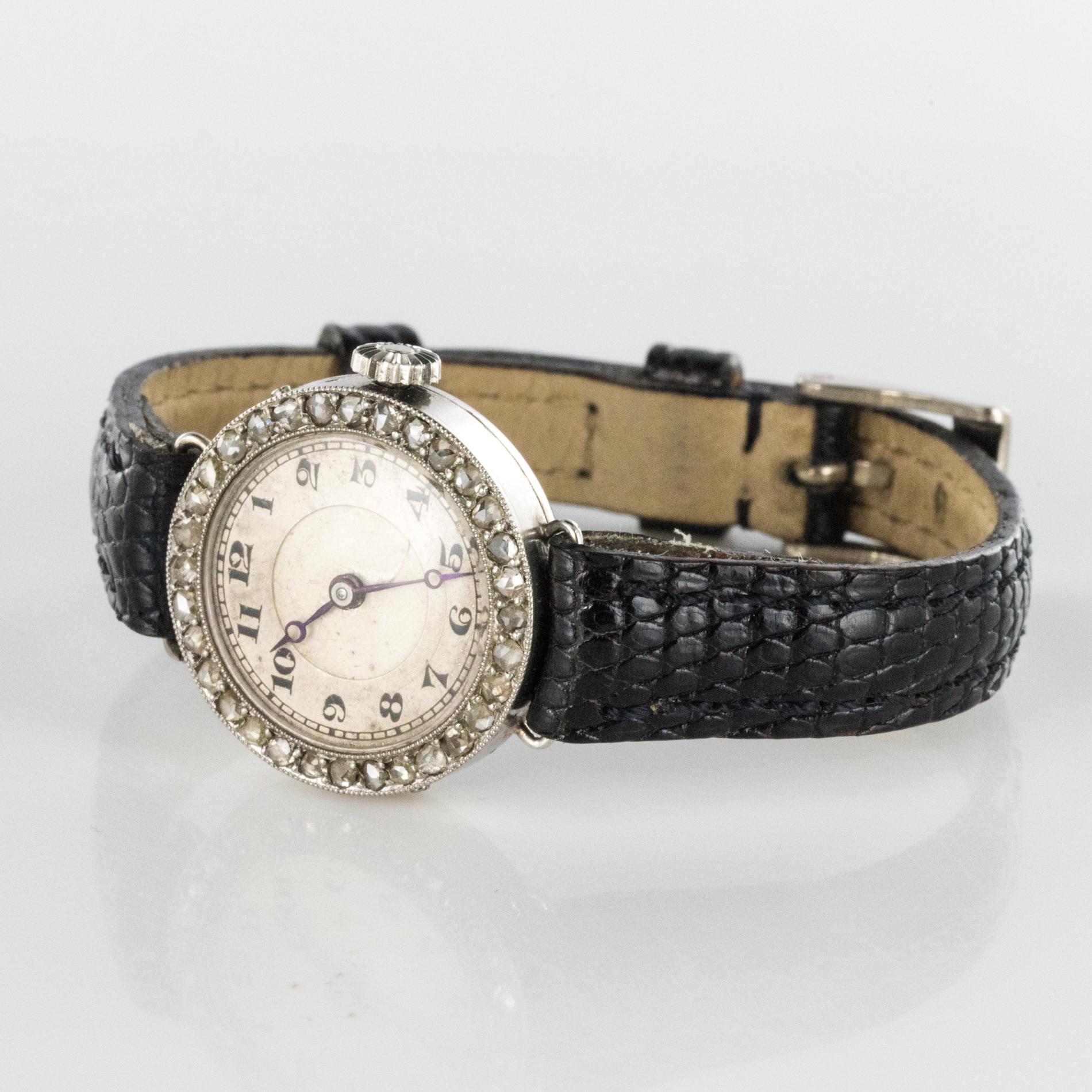 1930s Art Deco French Diamond Platinum Mechanical Ladies Watch 1