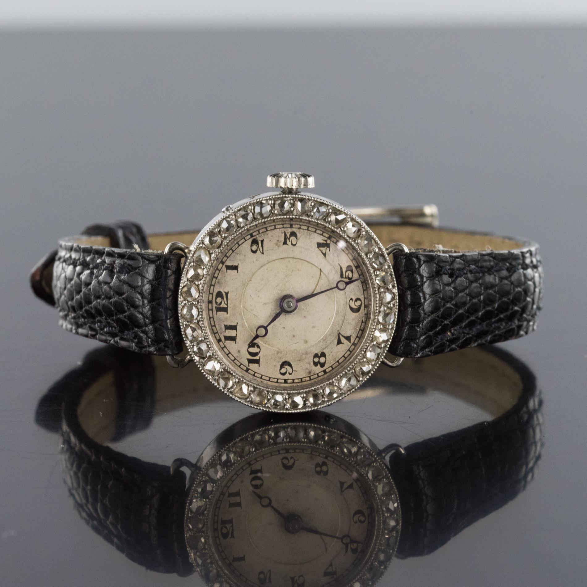 1930s Art Deco French Diamond Platinum Mechanical Ladies Watch 3