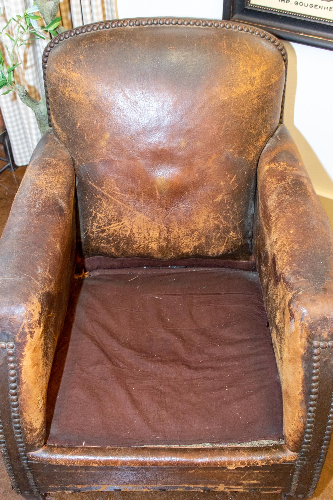 1930s French Distressed Leather and Velvet Armchair with Brass Nailhead Detail 7
