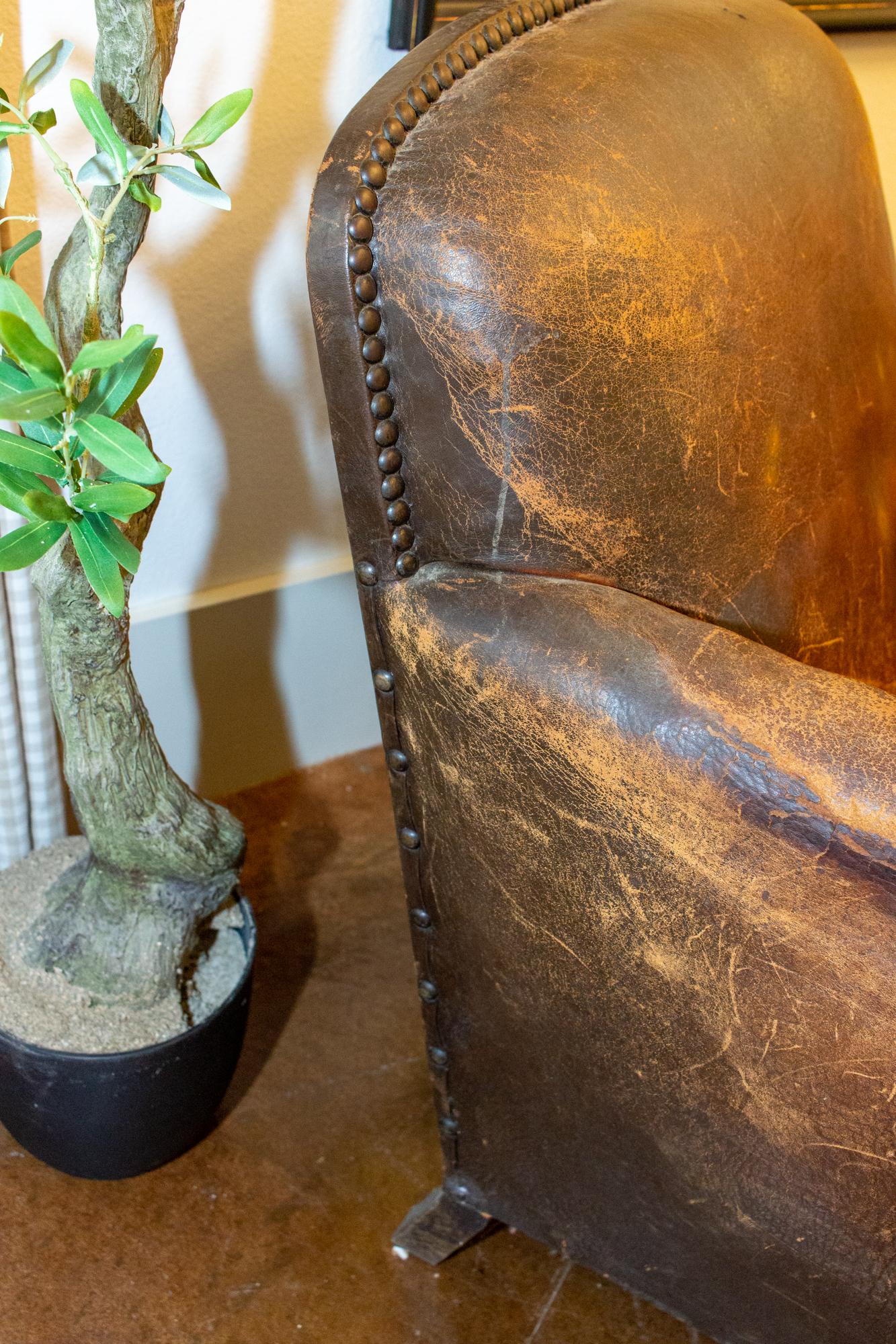 1930s French Distressed Leather and Velvet Armchair with Brass Nailhead Detail 9
