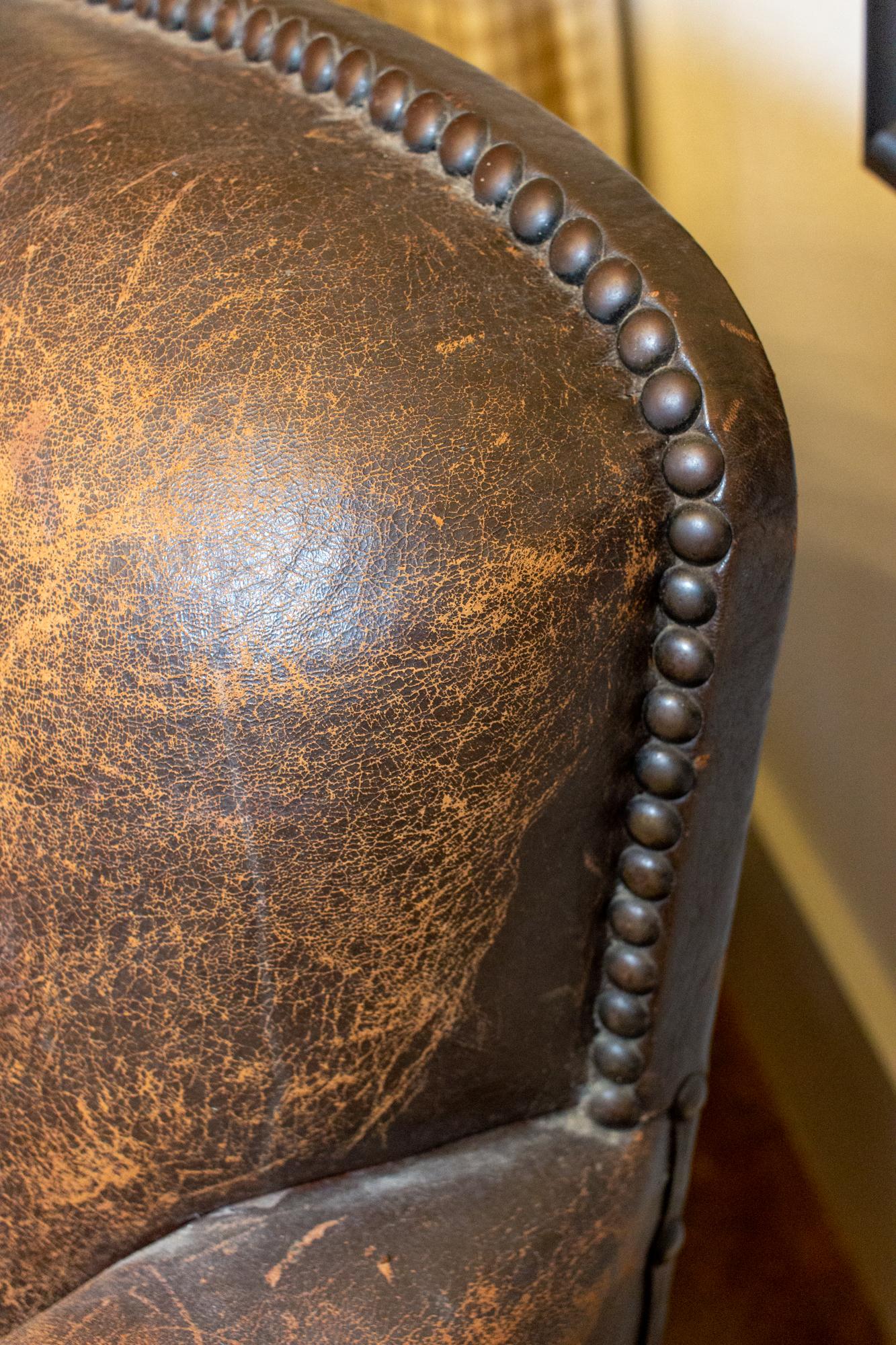 1930s French Distressed Leather and Velvet Armchair with Brass Nailhead Detail 10