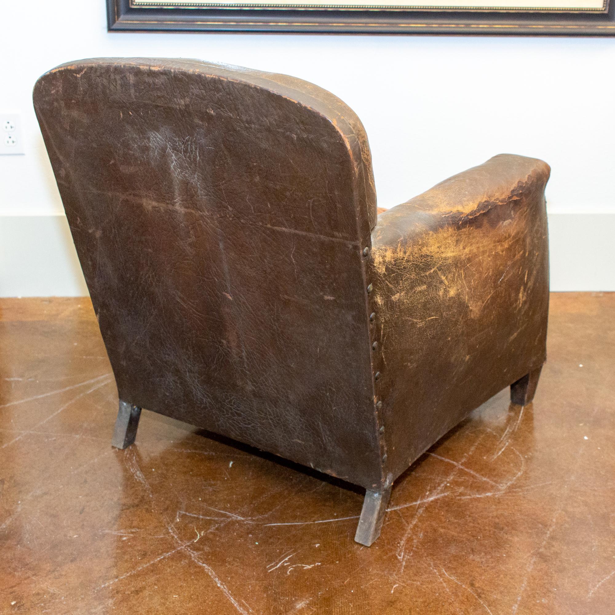 Mid-20th Century 1930s French Distressed Leather and Velvet Armchair with Brass Nailhead Detail
