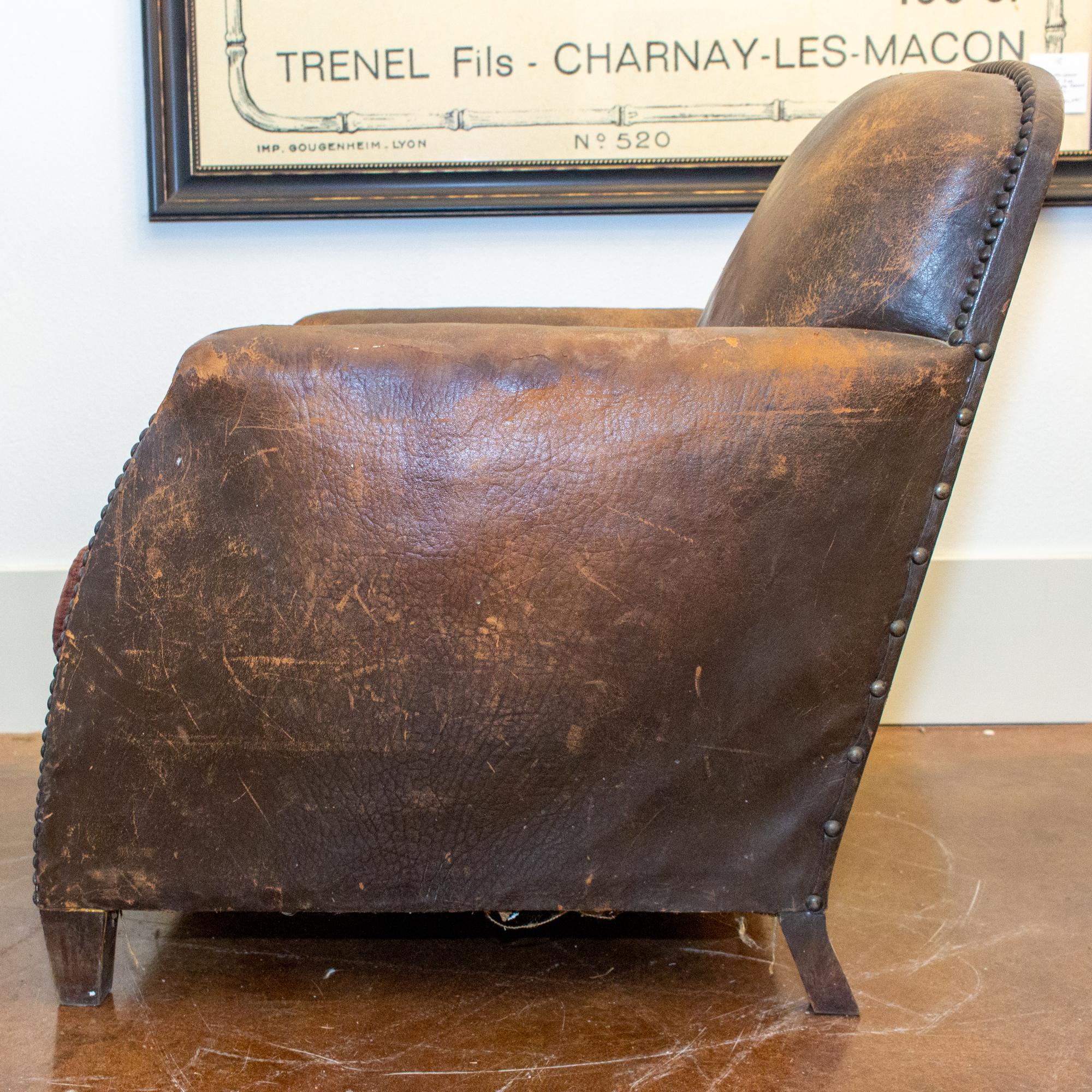 1930s French Distressed Leather and Velvet Armchair with Brass Nailhead Detail 1