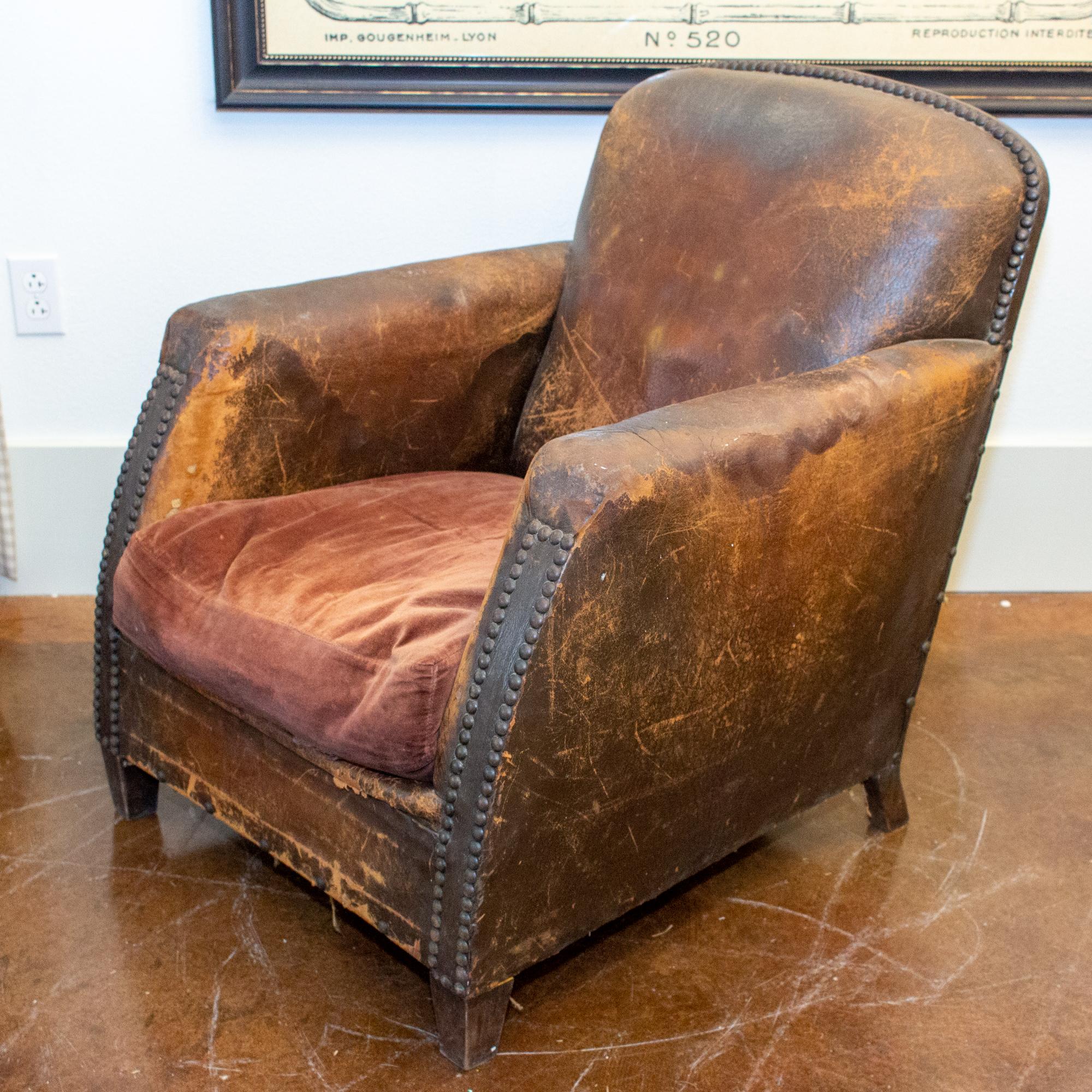 1930s French Distressed Leather and Velvet Armchair with Brass Nailhead Detail 2