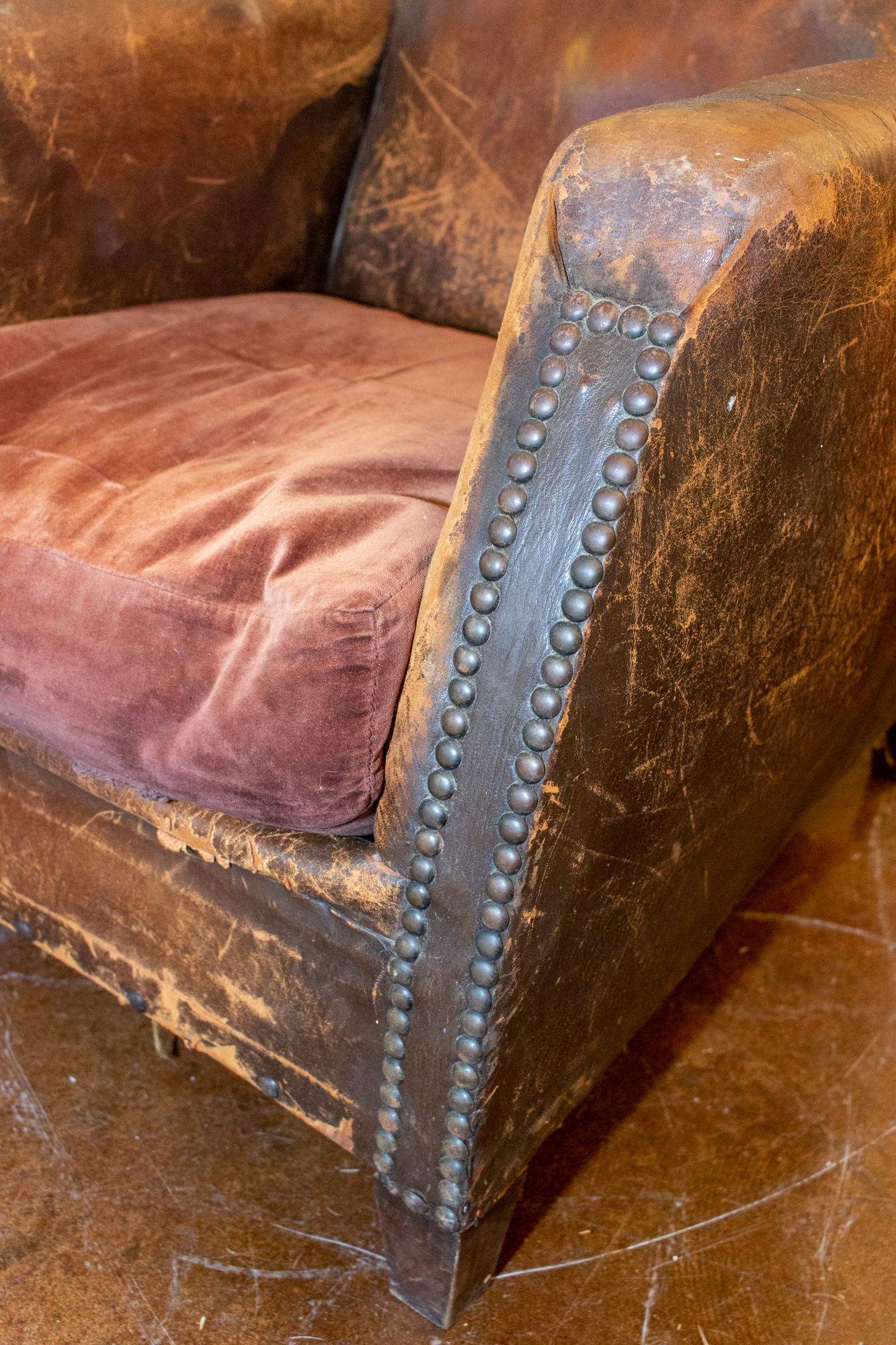 1930s French Distressed Leather and Velvet Armchair with Brass Nailhead Detail 3